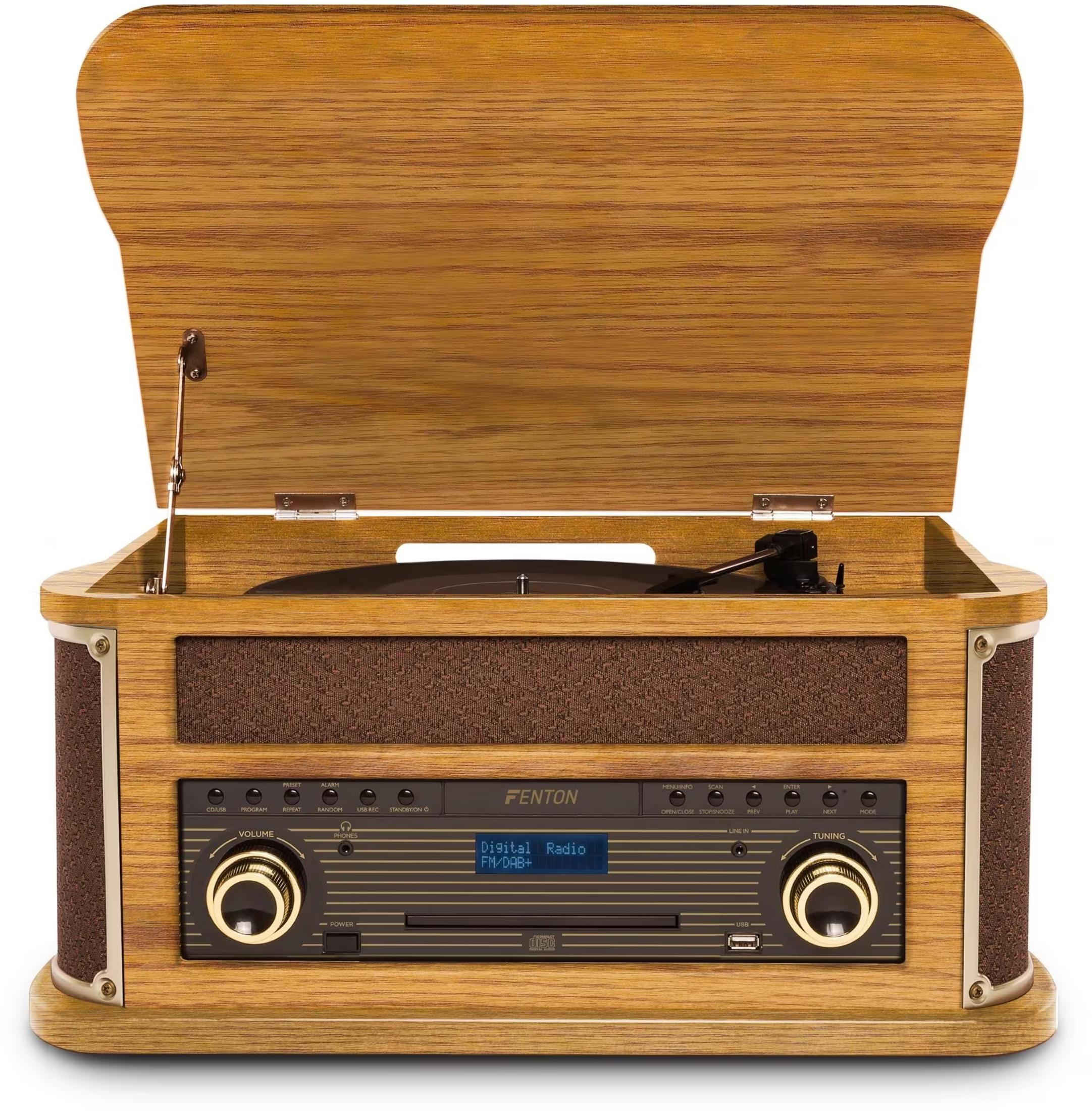 Una radio de madera con tocadiscos, reproductor de CD y radio digital FM/DAB+.
