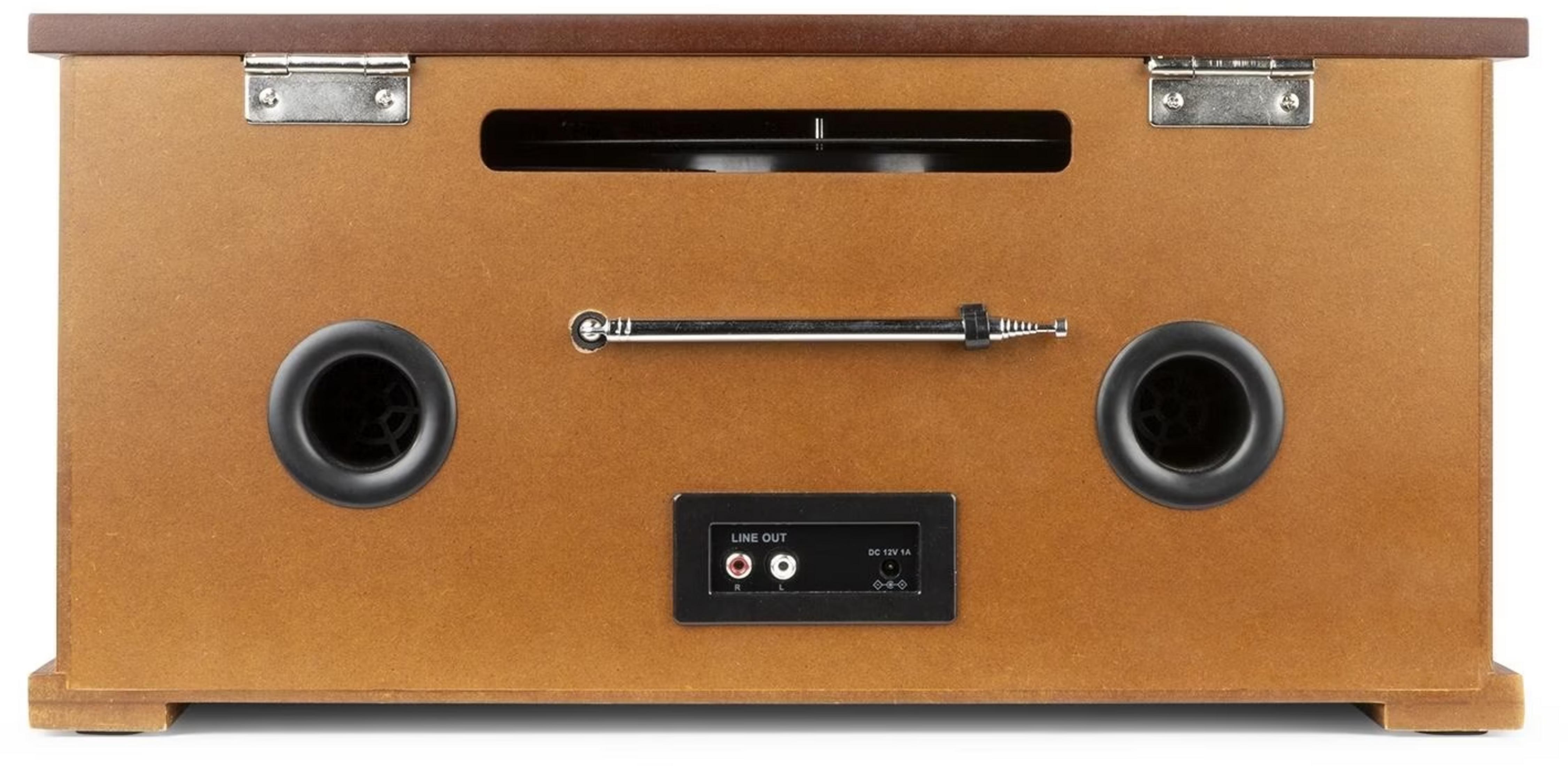 Parte trasera de una radio de madera marrón con antena, altavoces y puertos.
