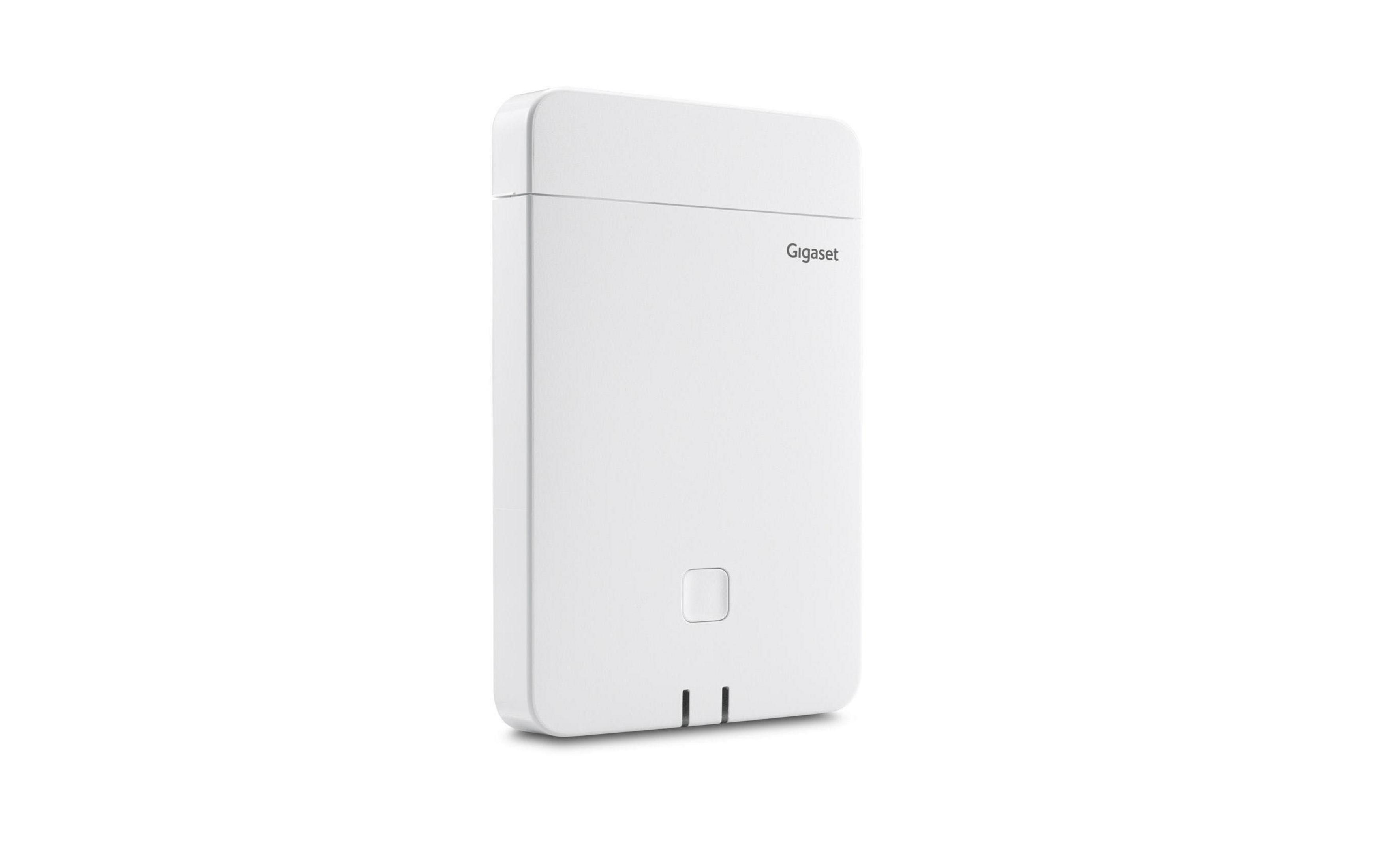Un dispositivo Gigaset bianco su sfondo bianco con un pulsante rettangolare.