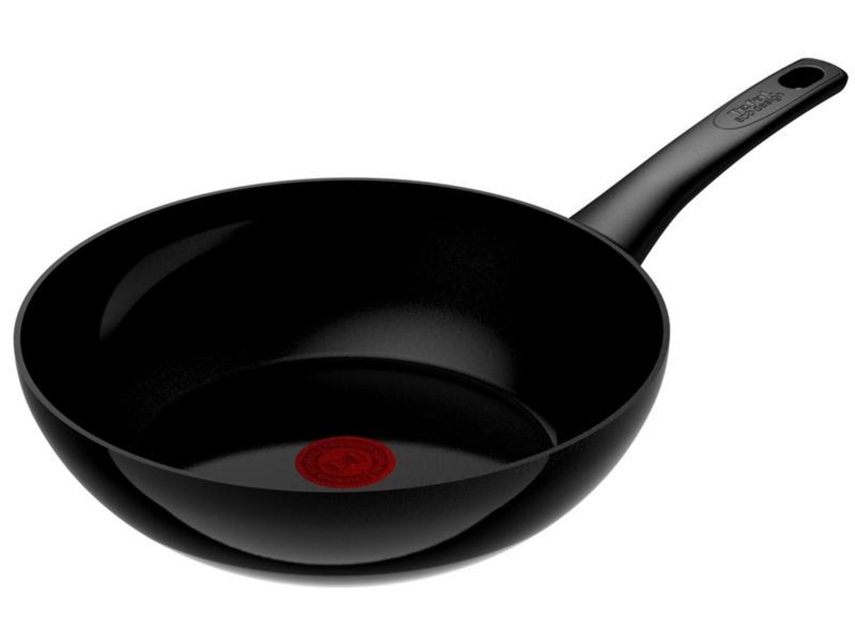 Czarna patelnia wok z czerwonym termopunktem i długą rączką.