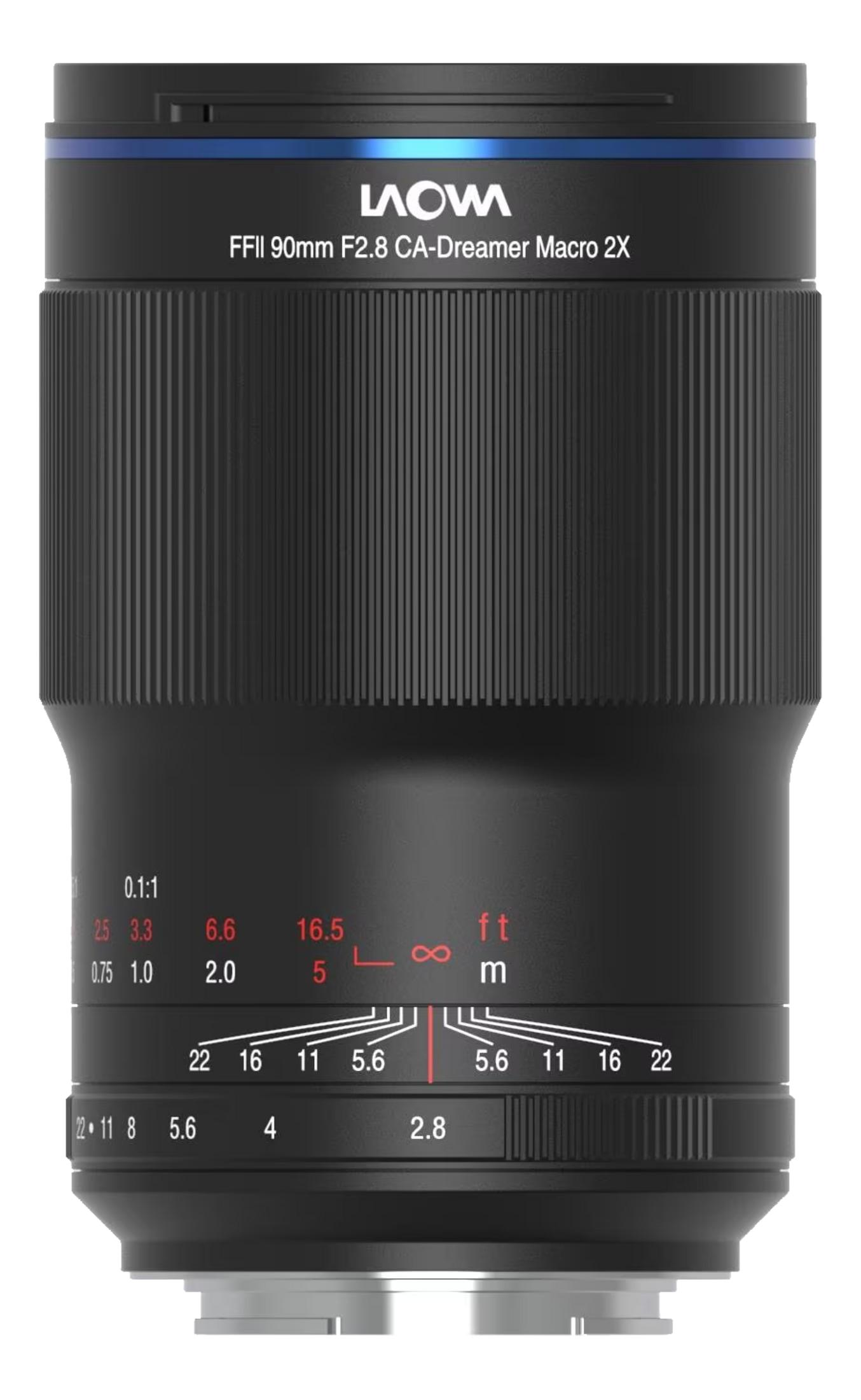 Lente macro LAOWA FFII 90mm F2.8 CA-Dreamer 2X negra con marcas de distancia y apertura.