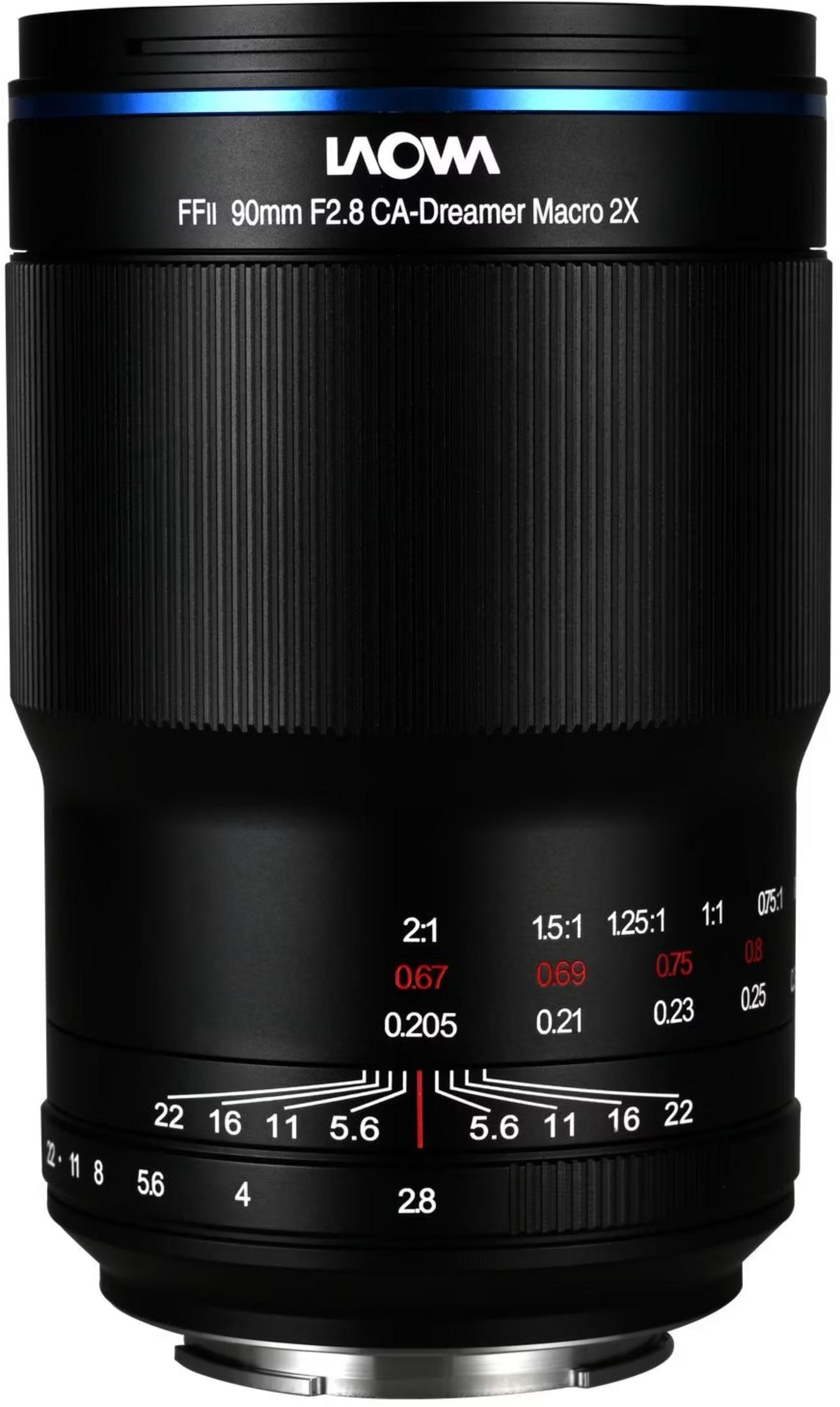 Un objetivo macro Laowa FFII 90mm F2.8 con anillos de apertura y enfoque.
