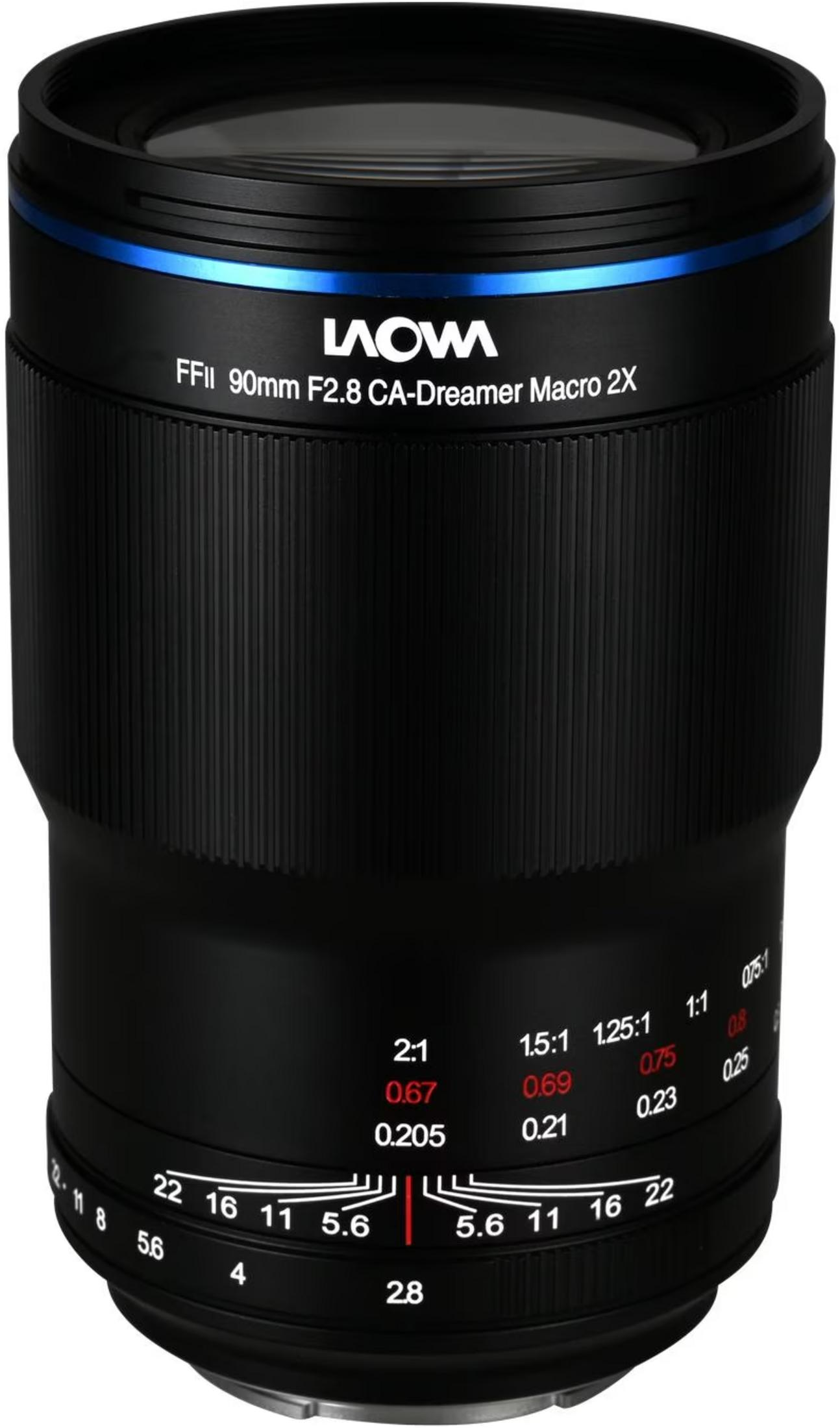 Un objetivo macro negro Laowa FFII 90mm F2.8 con detalles azules y escalas.