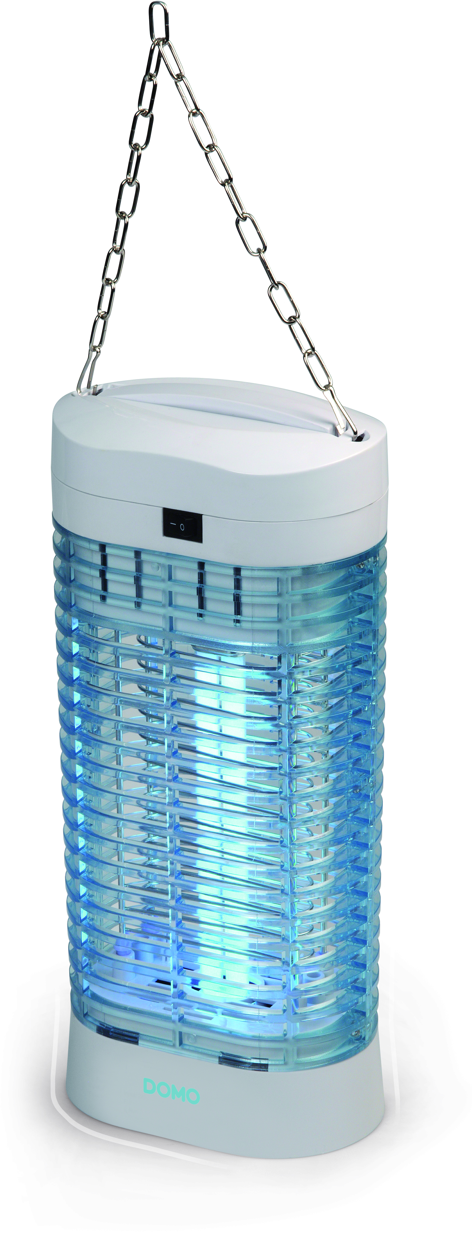 Un dispositivo per uccidere insetti sospeso con luce blu e catena.