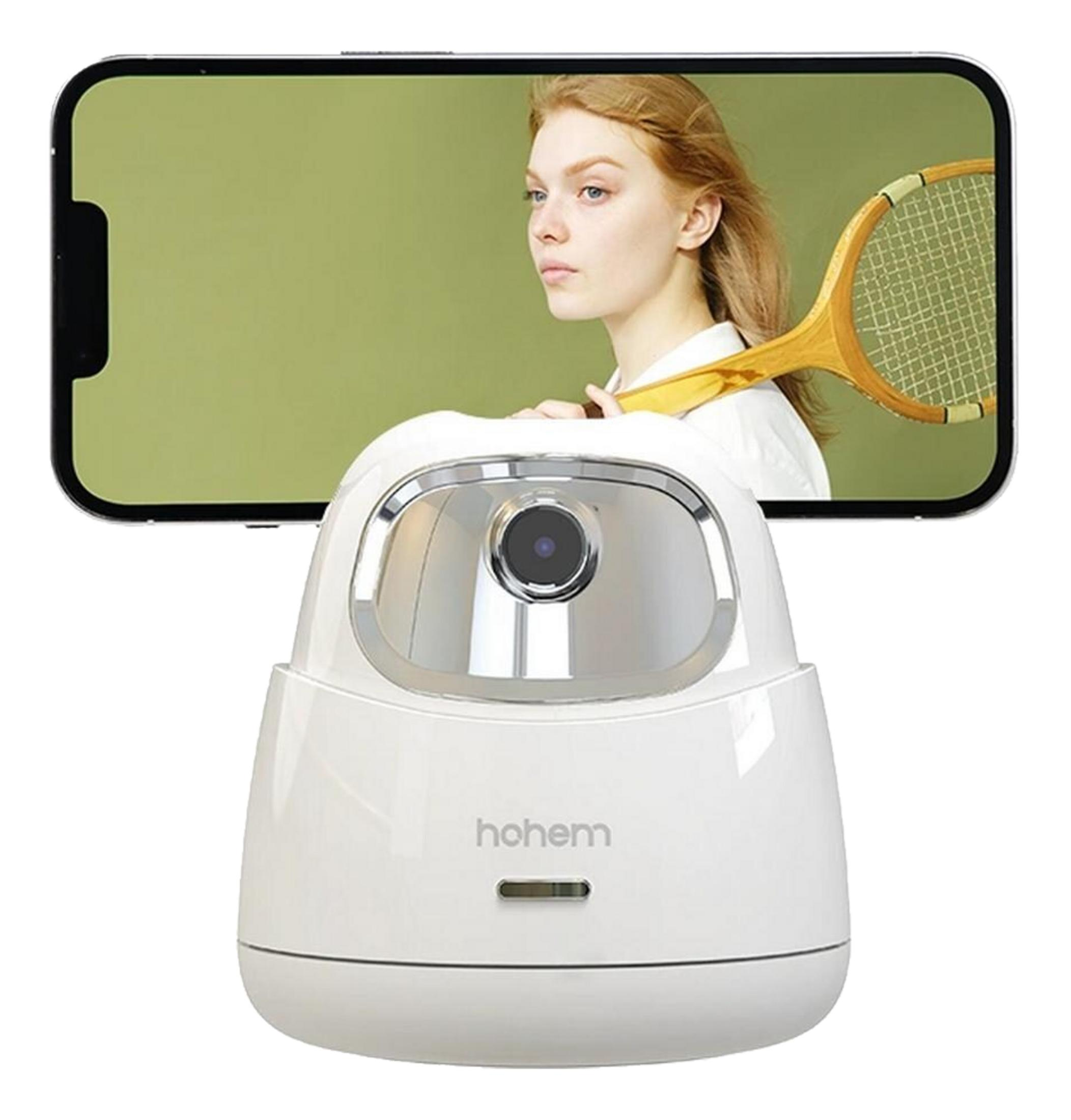 Ein weißer Gimbal mit einem Smartphone, das eine Frau mit Schläger zeigt.