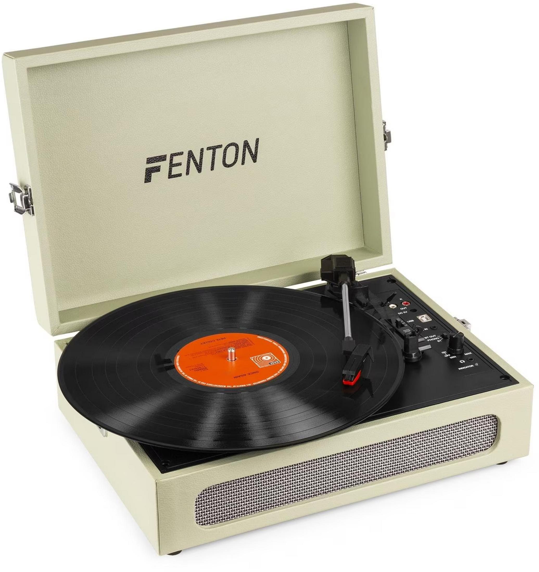 Un tocadiscos beige con un disco de vinilo negro y brazo.