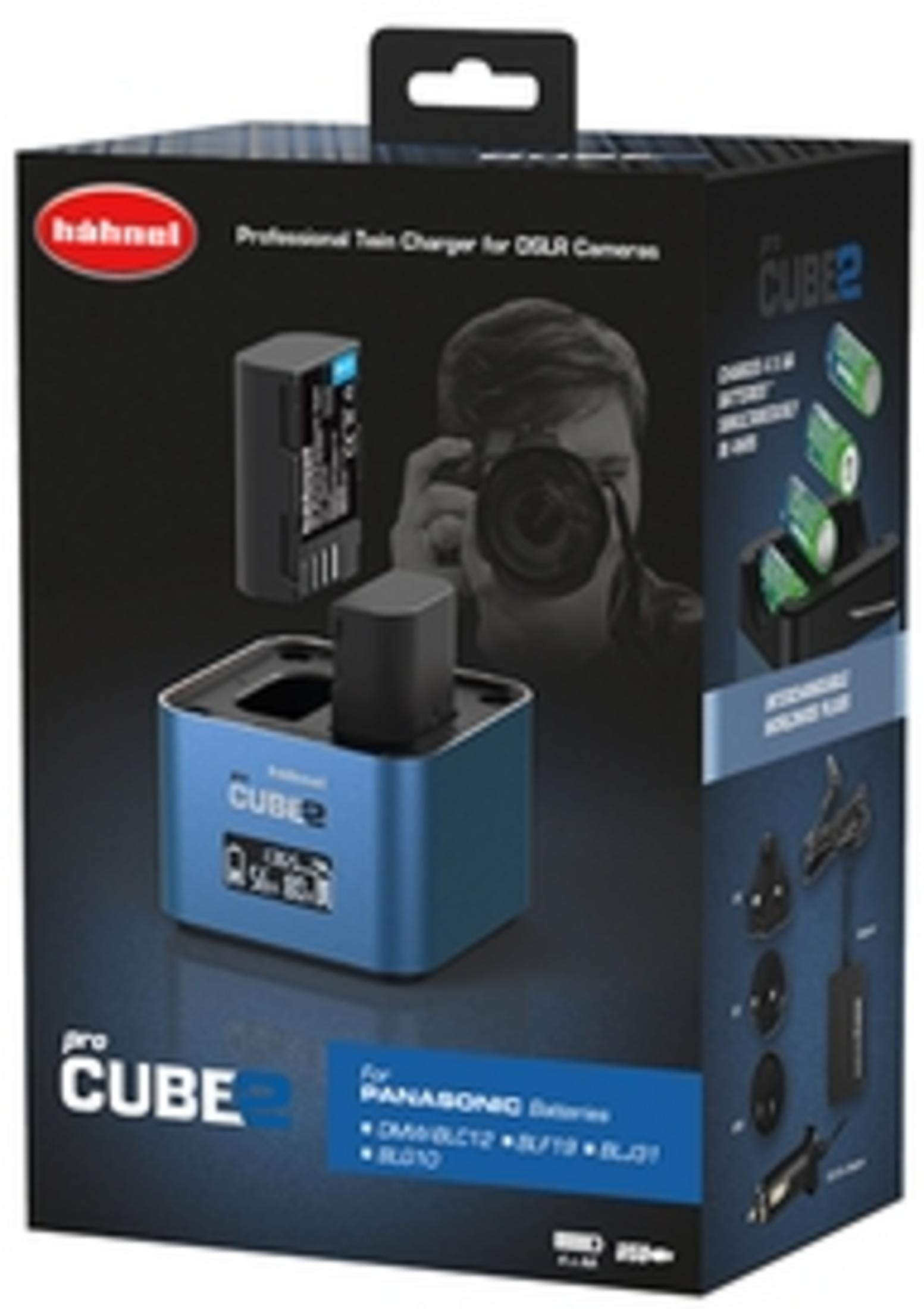 Verpackung eines Hähnel Pro Cube 2 Ladegeräts für Panasonic Batterien.