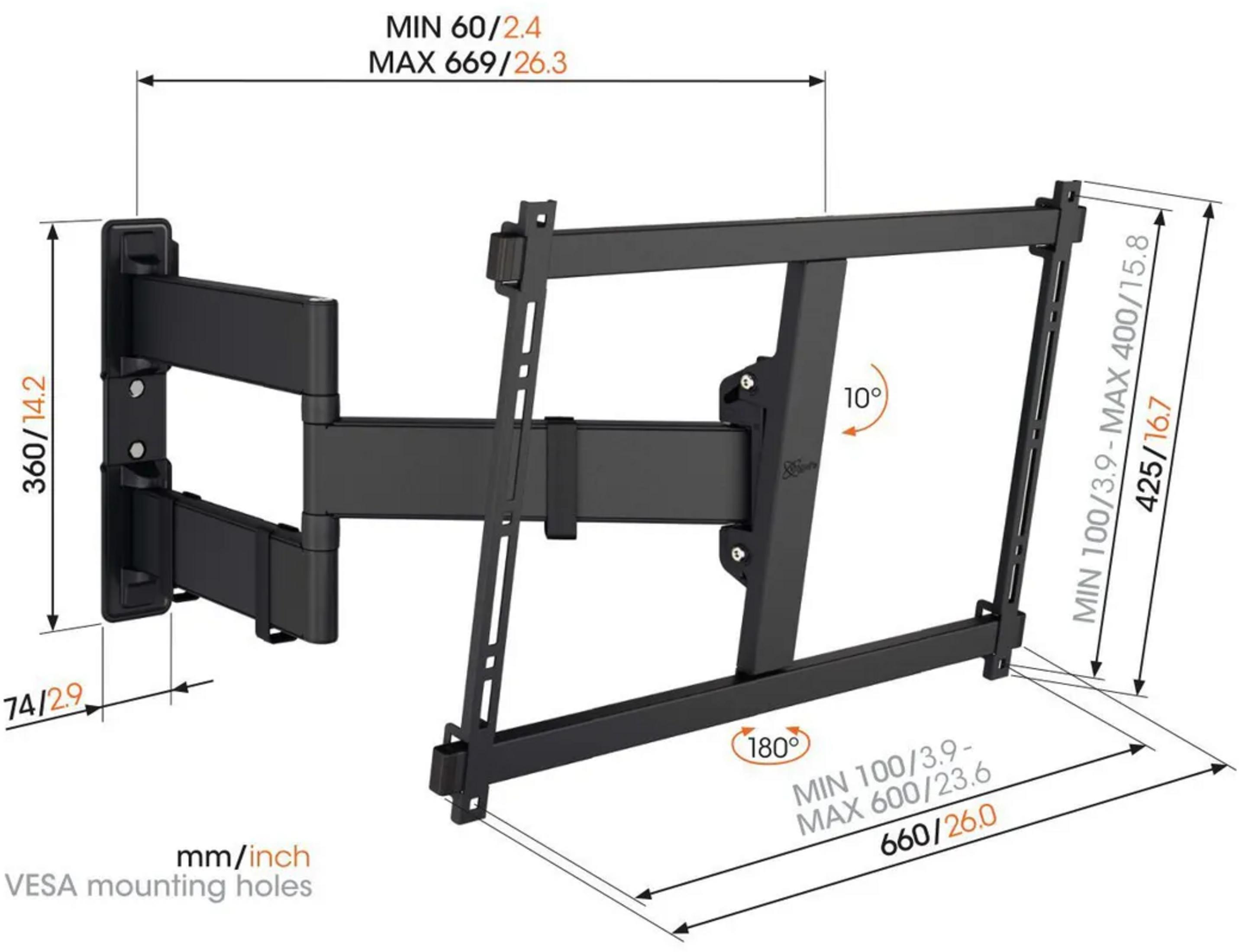 Czarny obrotowy uchwyt TV naścienny z wymiarami i kątami.