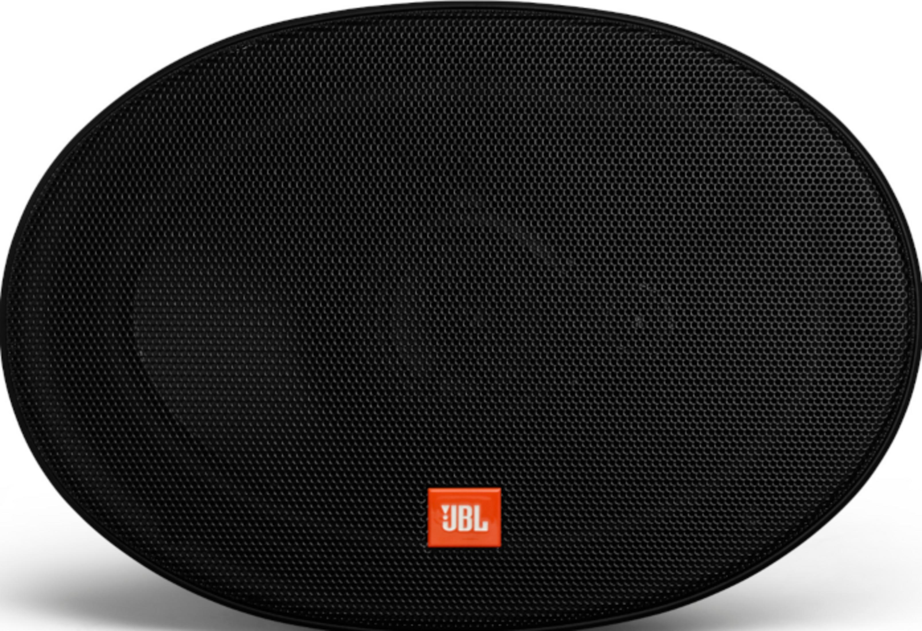 Haut-parleur JBL rond noir avec logo orange. Gros plan.