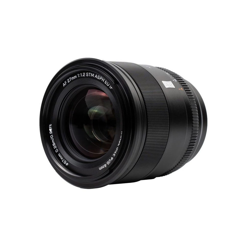 Un obiettivo per fotocamera nero con marchi AF 27mm 1:1.2 STM ASPH ED.