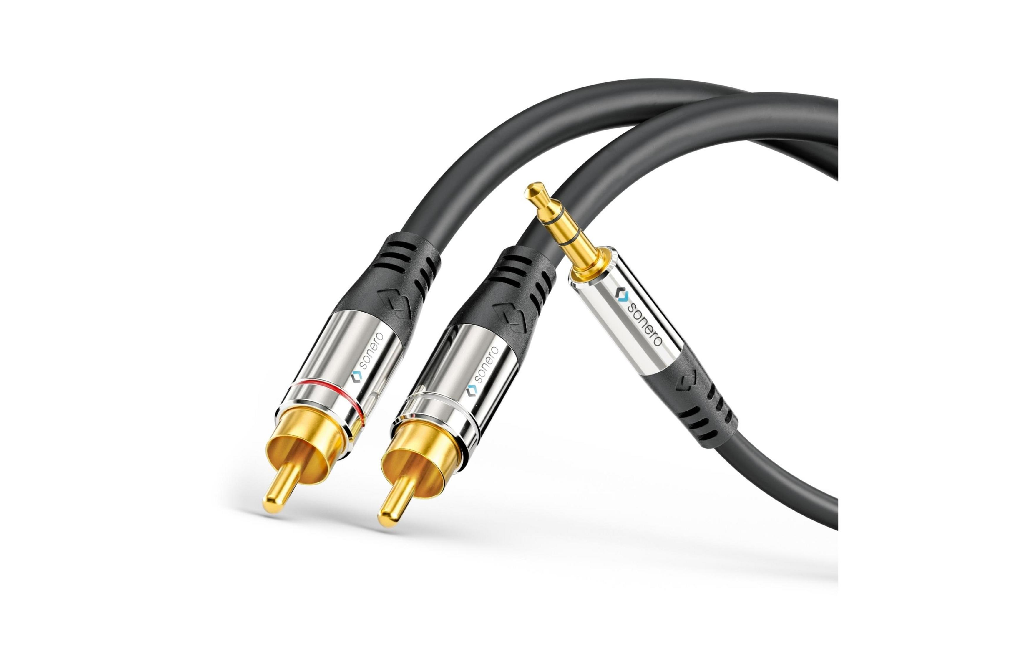 Un câble audio noir avec connecteurs RCA et jack, sur fond blanc.