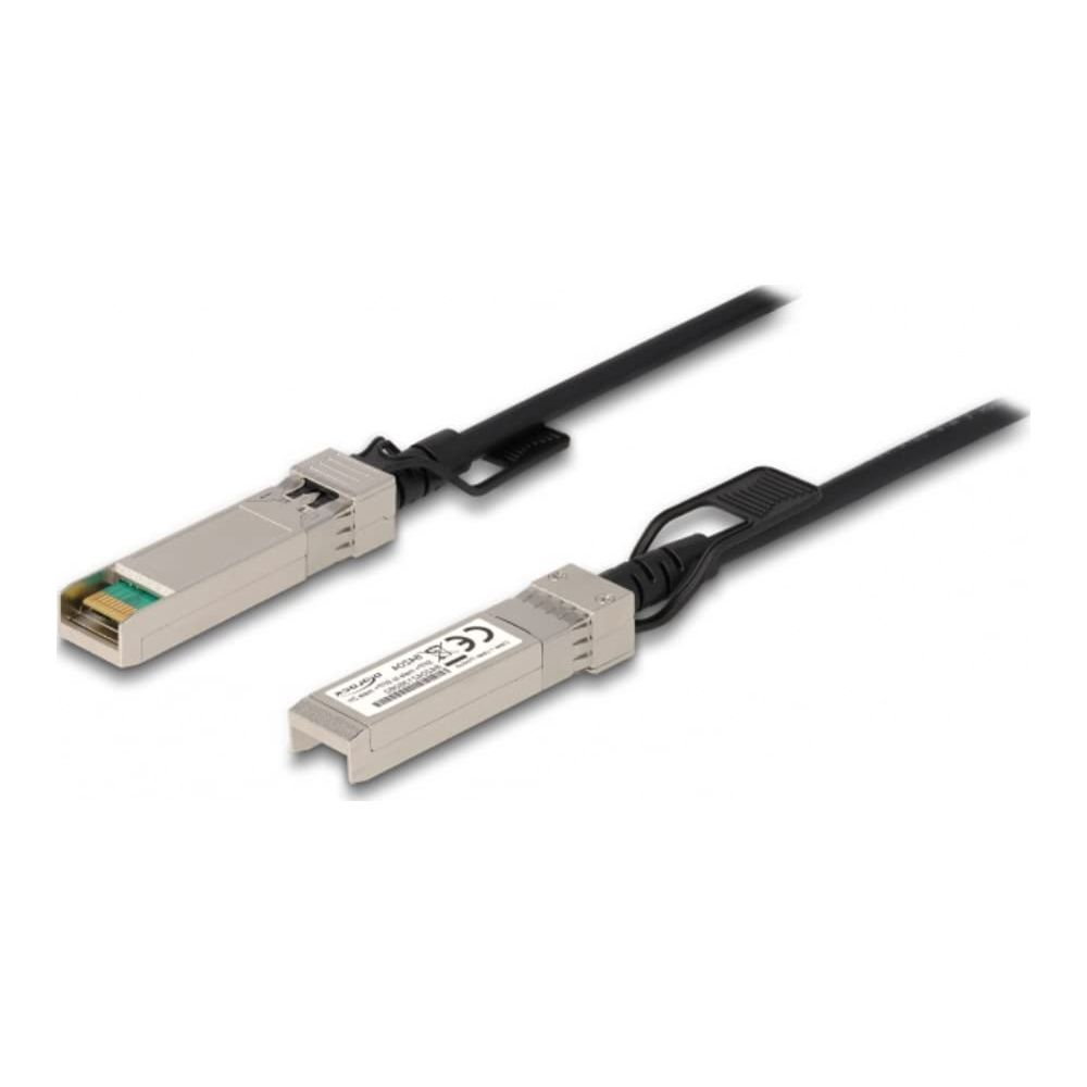 Due moduli SFP argentati con cavi neri su sfondo bianco.