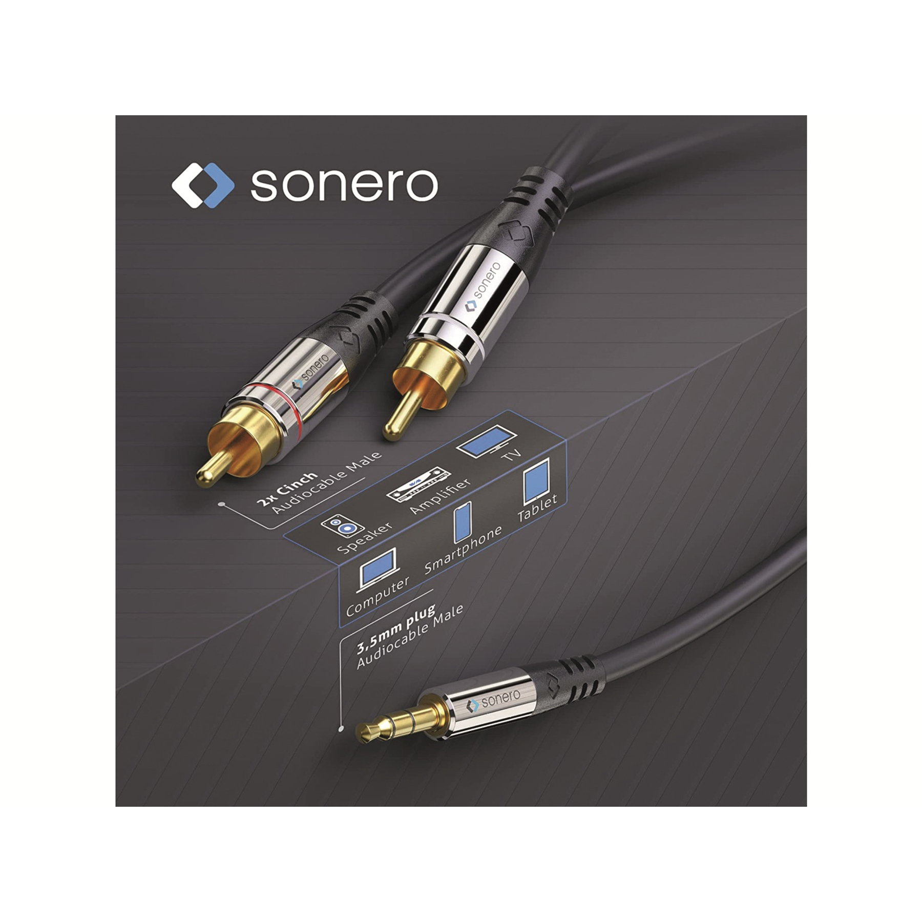 Câble audio Sonero avec 2x RCA et prise 3,5 mm, pour PC, TV, amplificateur.