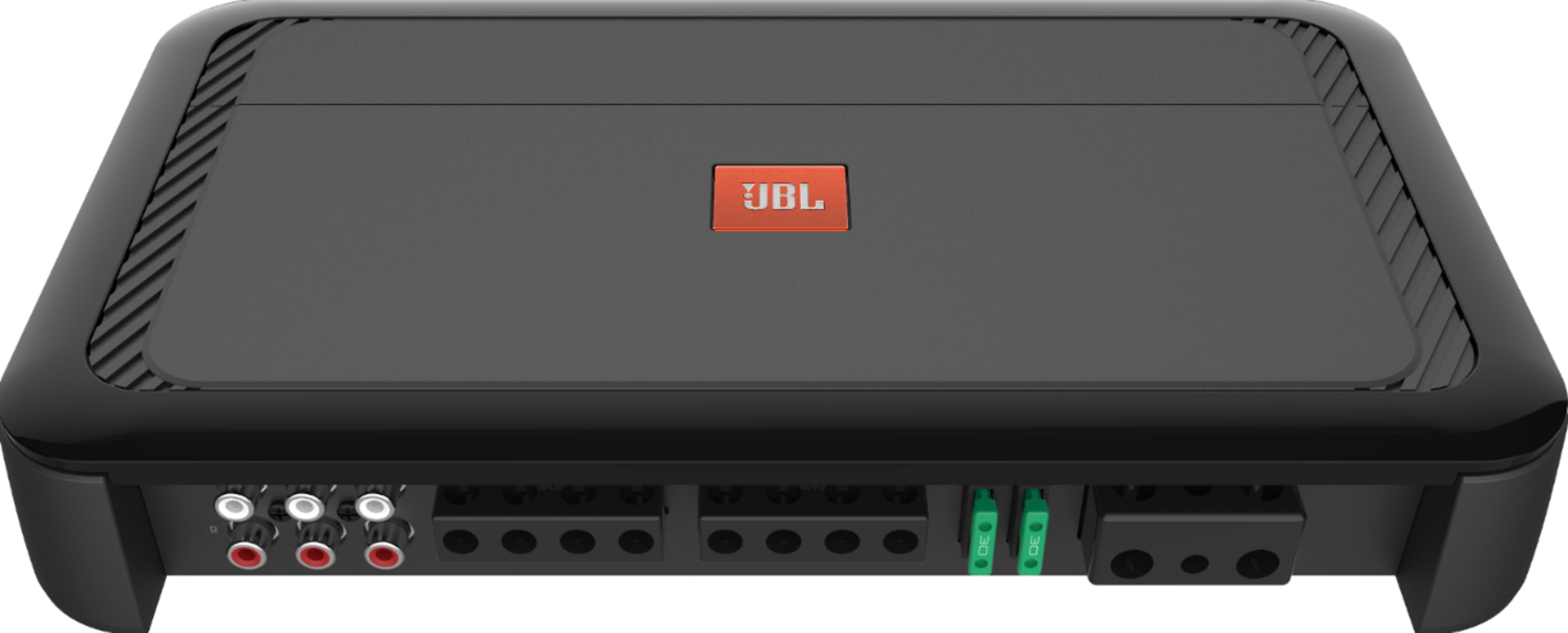 Schwarzer JBL-Verstärker mit Anschlüssen und Sicherungen auf der Rückseite.