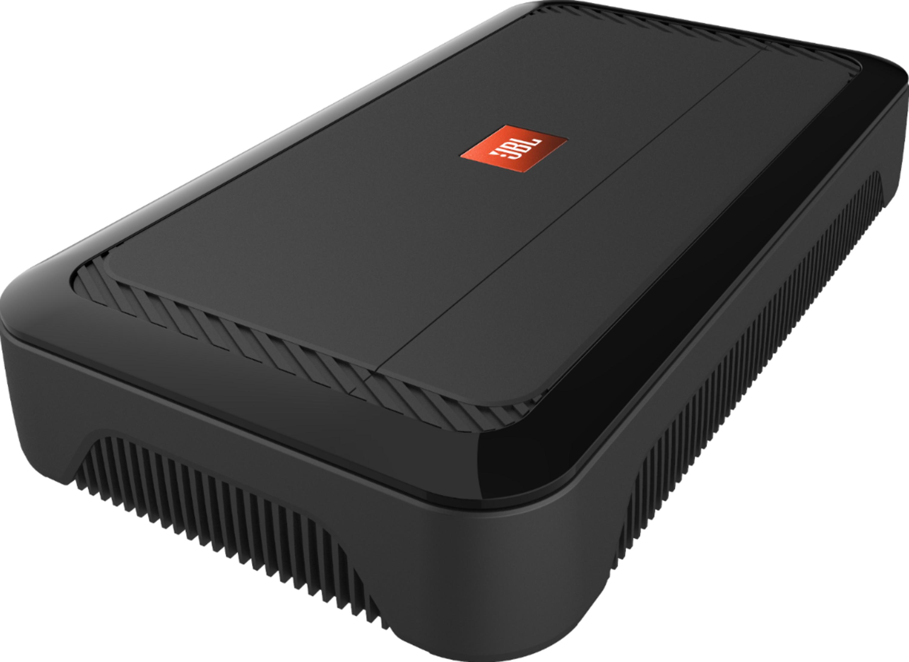 Schwarzer Kompaktverstärker mit JBL-Logo und Lüftungsschlitzen.