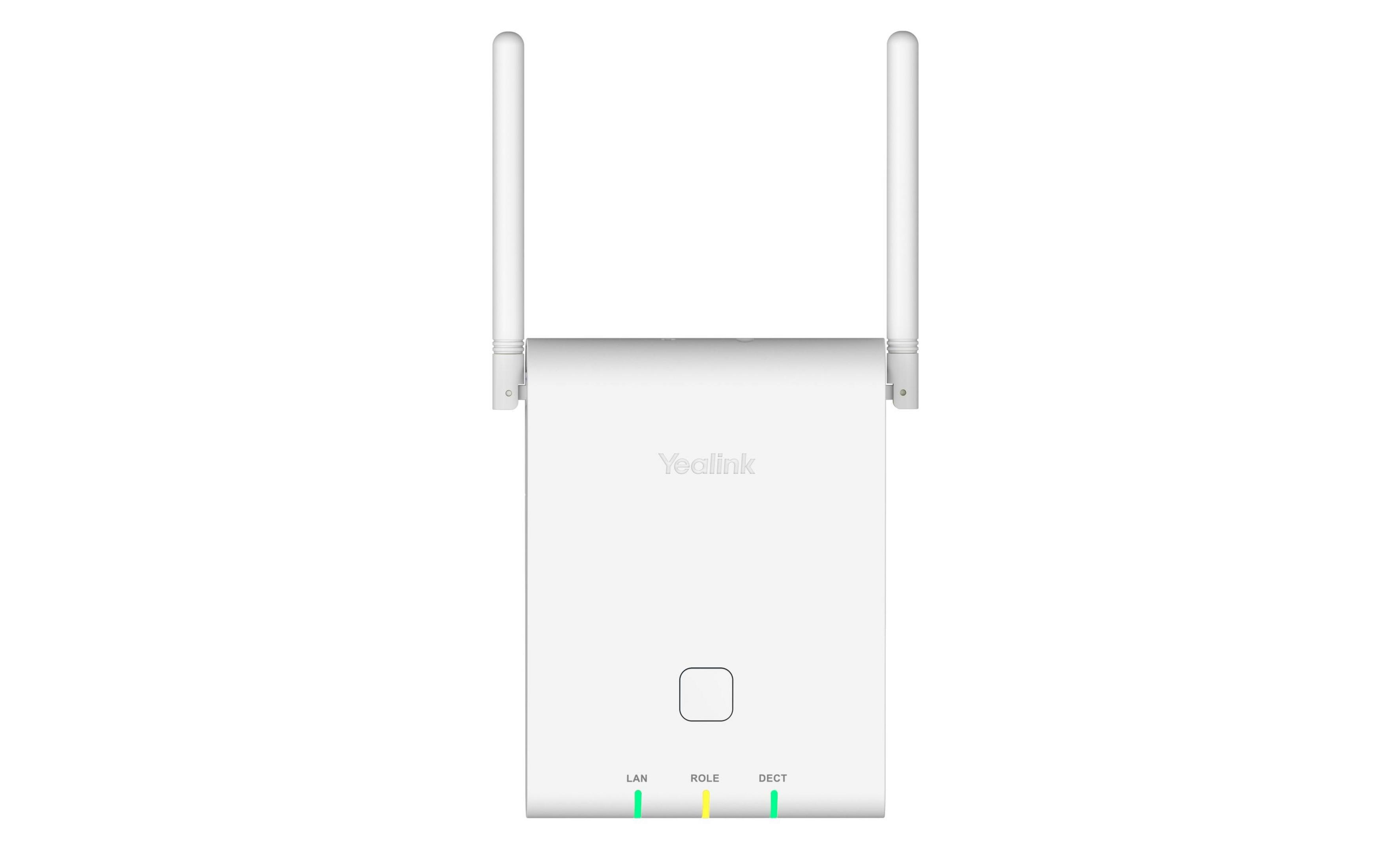 Un dispositivo Yealink bianco con due antenne e spie luminose.