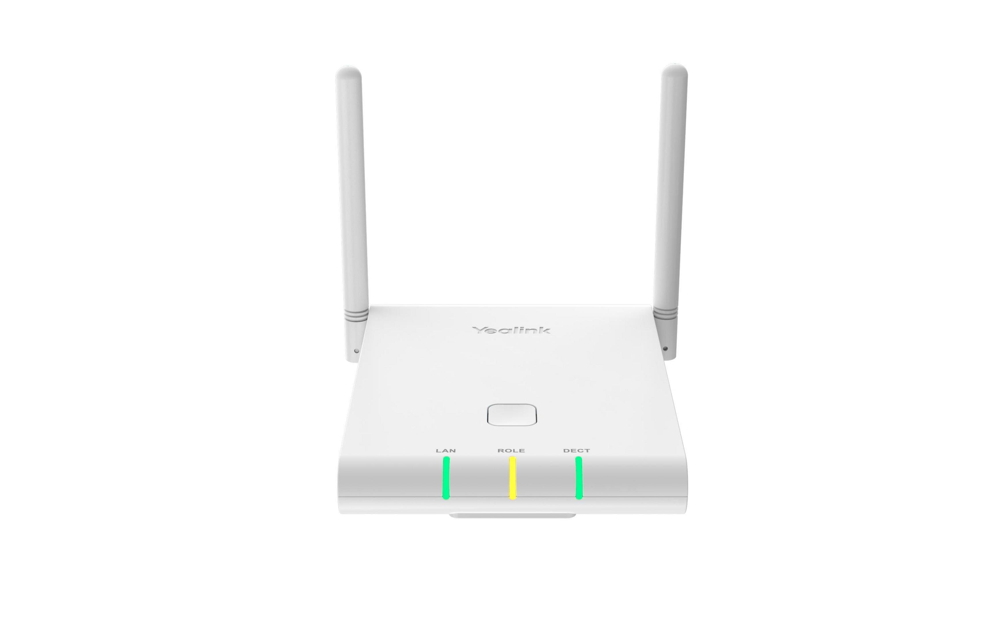 Punto di accesso DECT Yealink bianco con antenne e spie di stato.