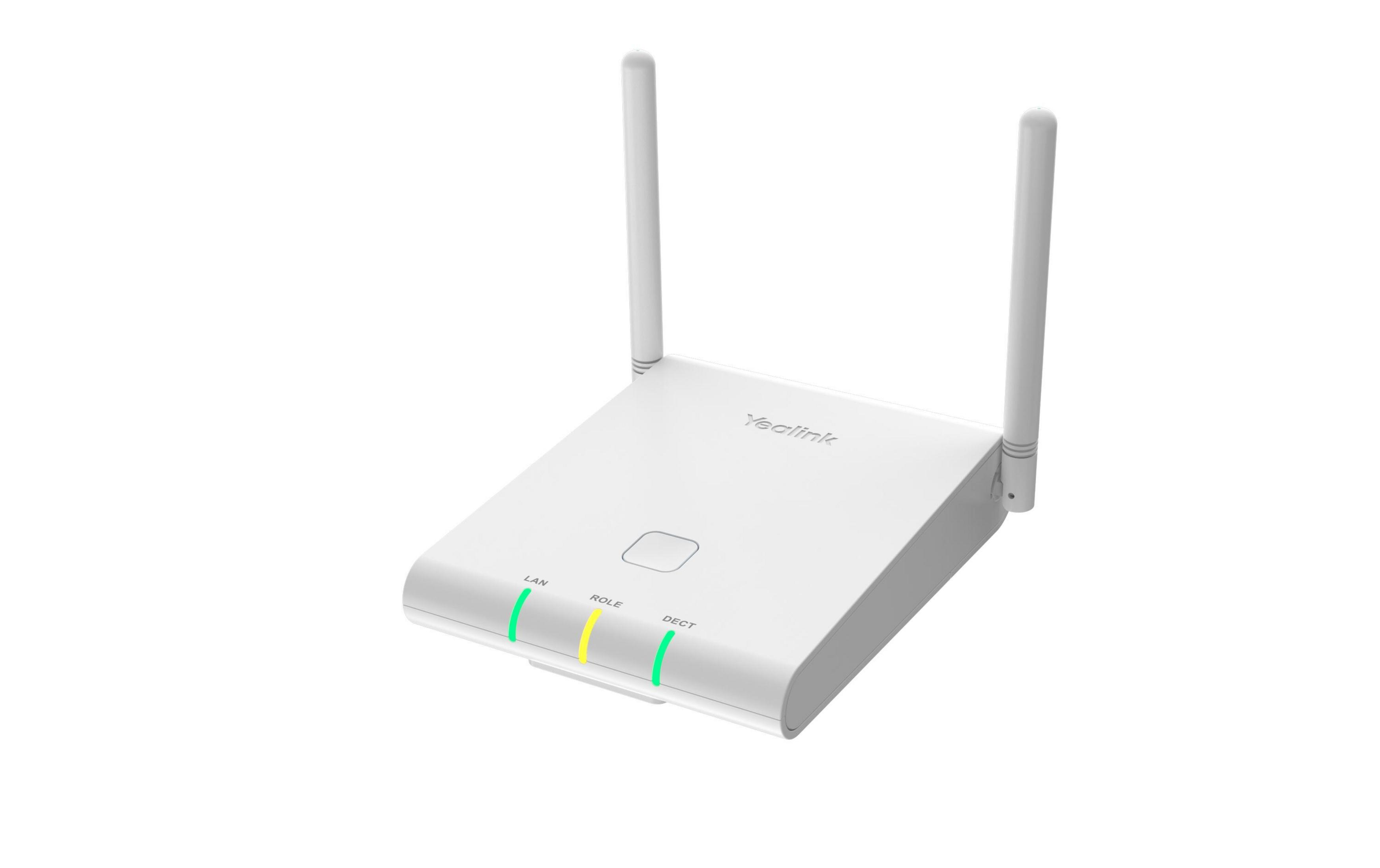 Un router Yealink bianco con due antenne e LED illuminati.