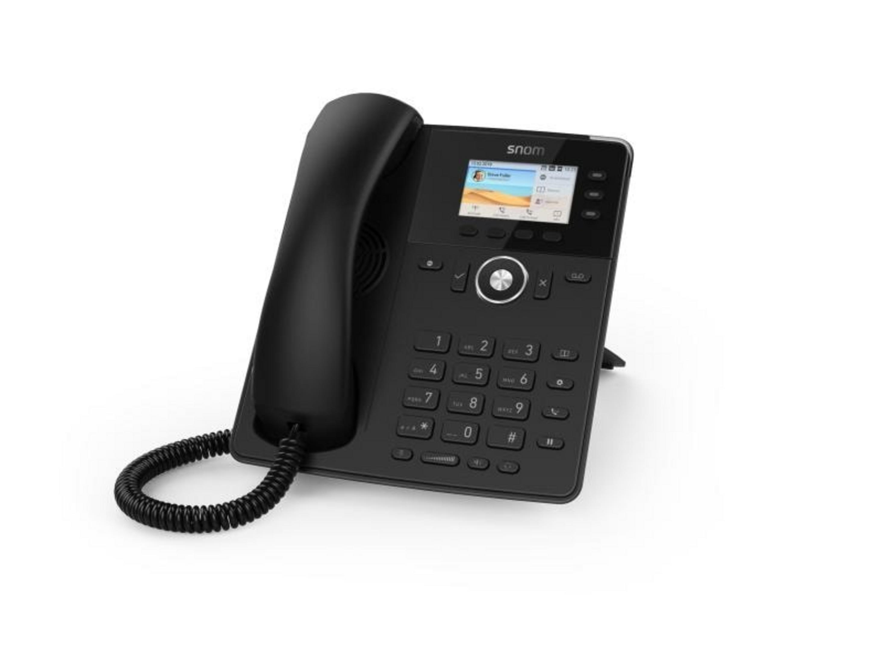 Ein schwarzes Tischtelefon mit Hörer, Tastatur und Farbdisplay.