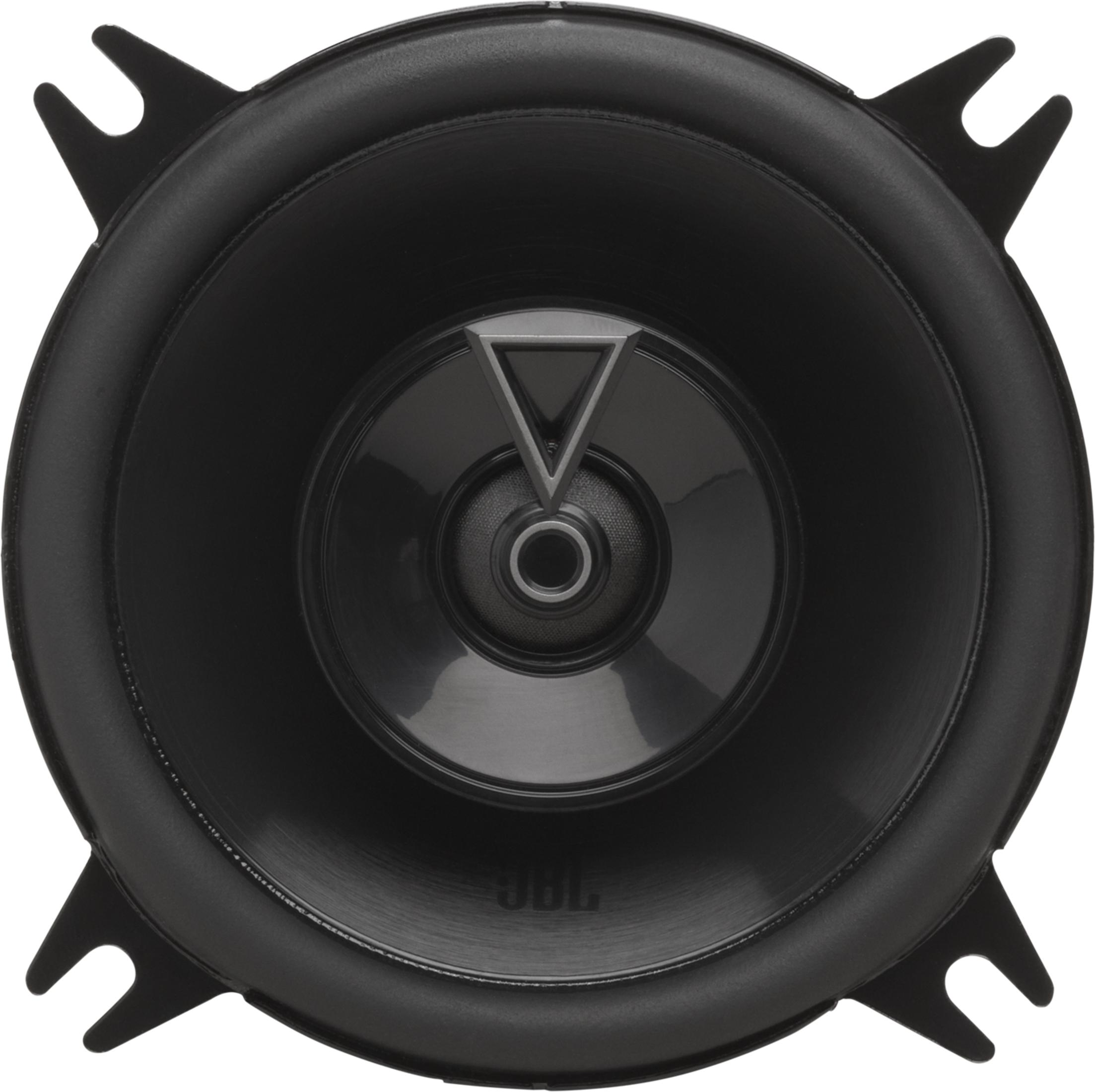 Haut-parleur JBL noir avec logo triangle argenté et quatre bras de montage.