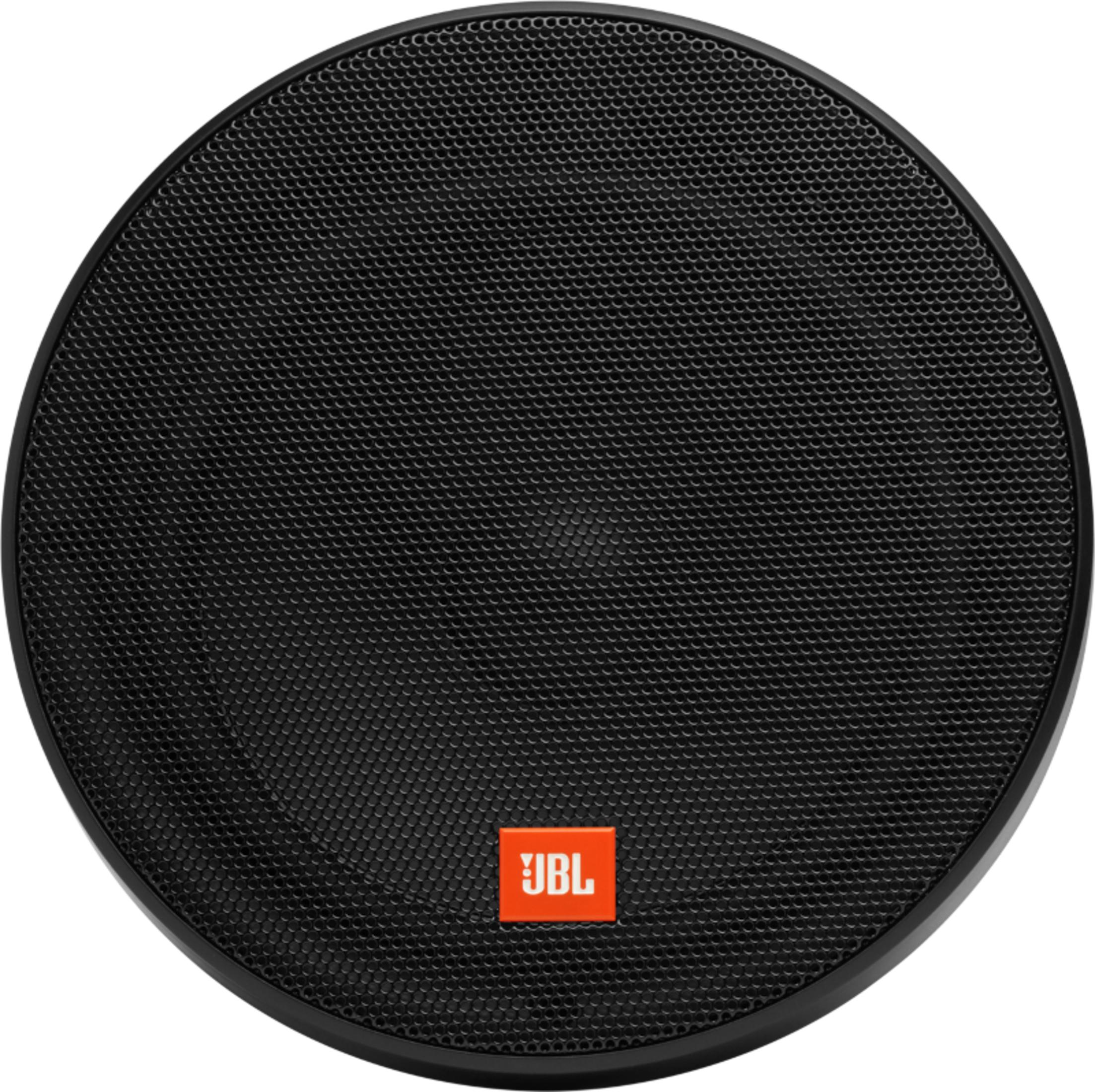 Ein schwarzer runder Lautsprecher mit einem JBL-Logo in Orange.