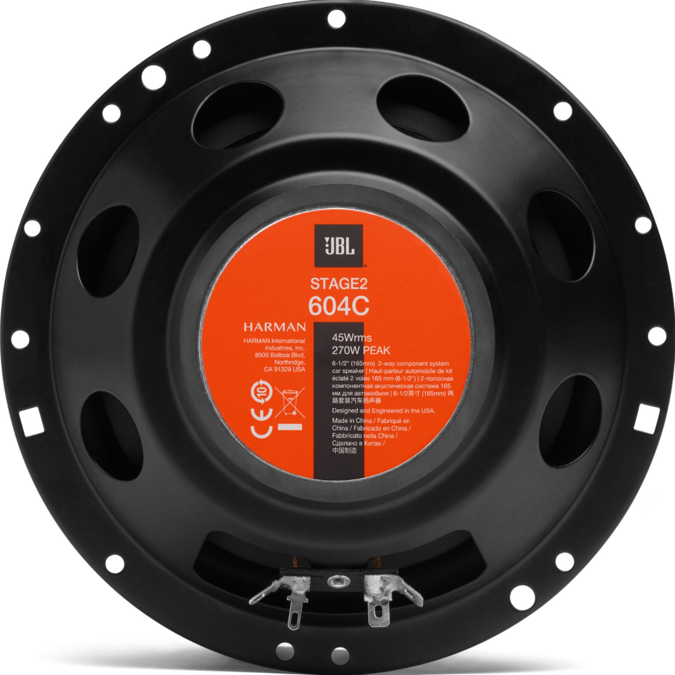 Schwarzer JBL Lautsprecher 604C mit orangenem Zentrum und Spezifikationen.
