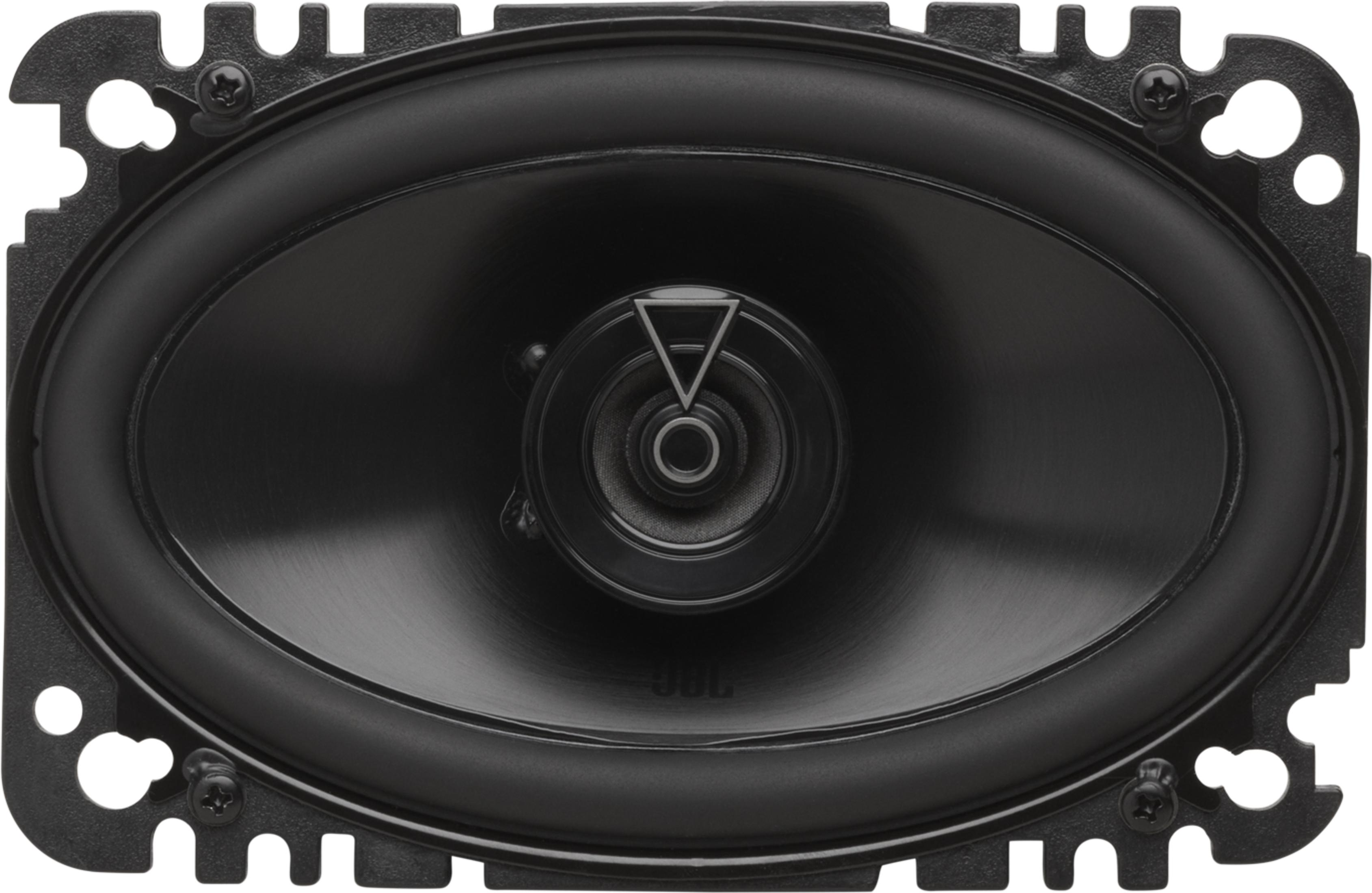 Haut-parleur ovale noir avec logo triangle argenté et vis.