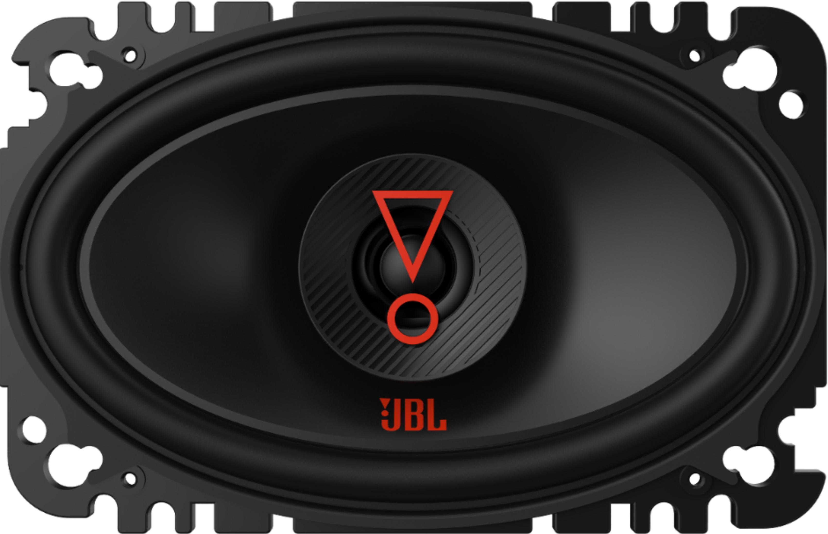Black oval JBL speaker with red logo and red triangle design.