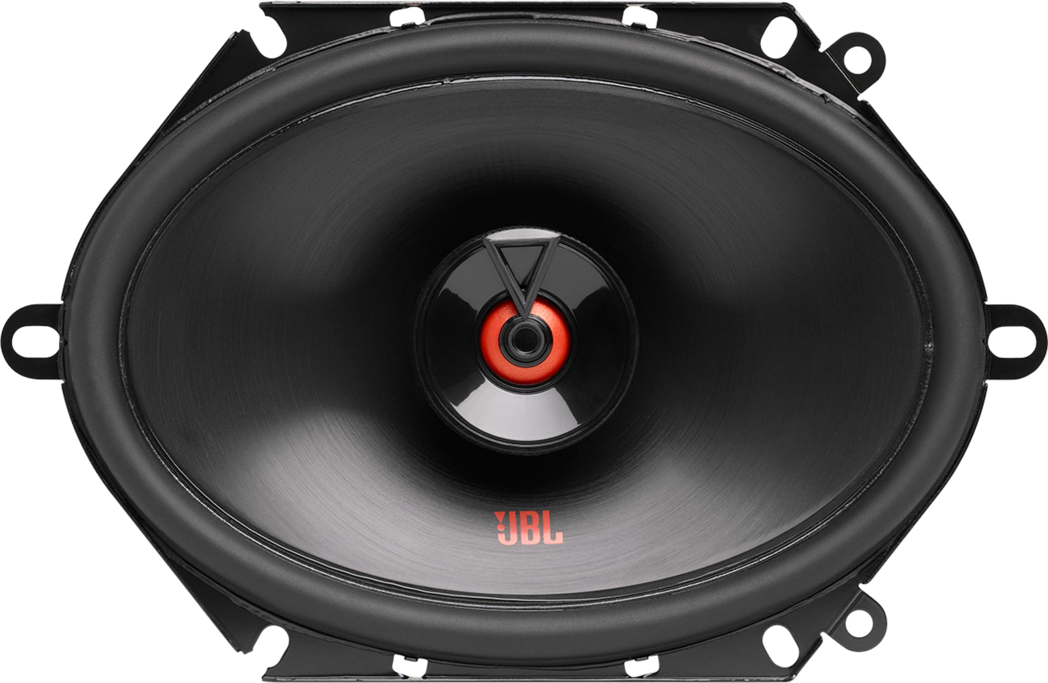 Haut-parleur ovale noir avec centre rouge et logo JBL.
