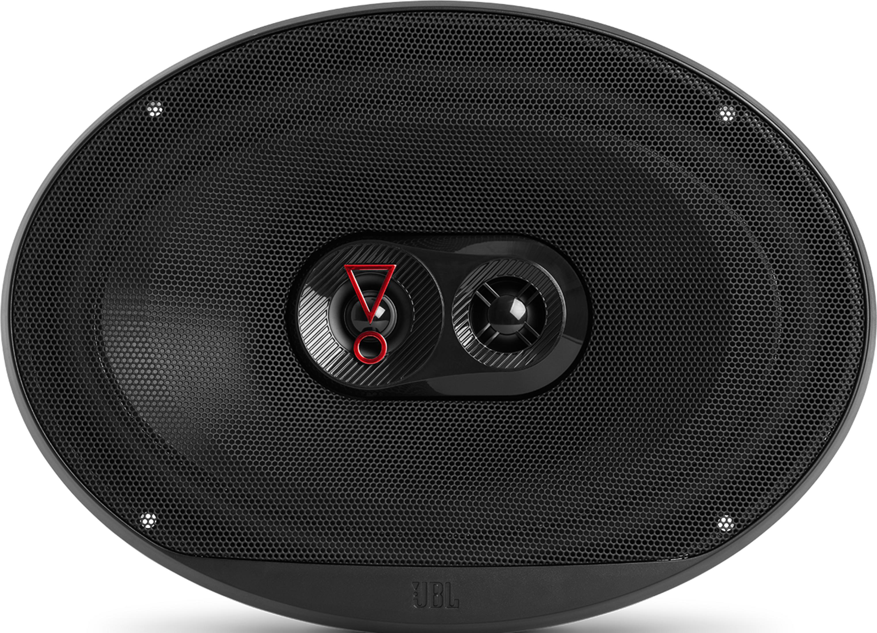 Altoparlante ovale nero con logo JBL e stemma triangolare rosso.