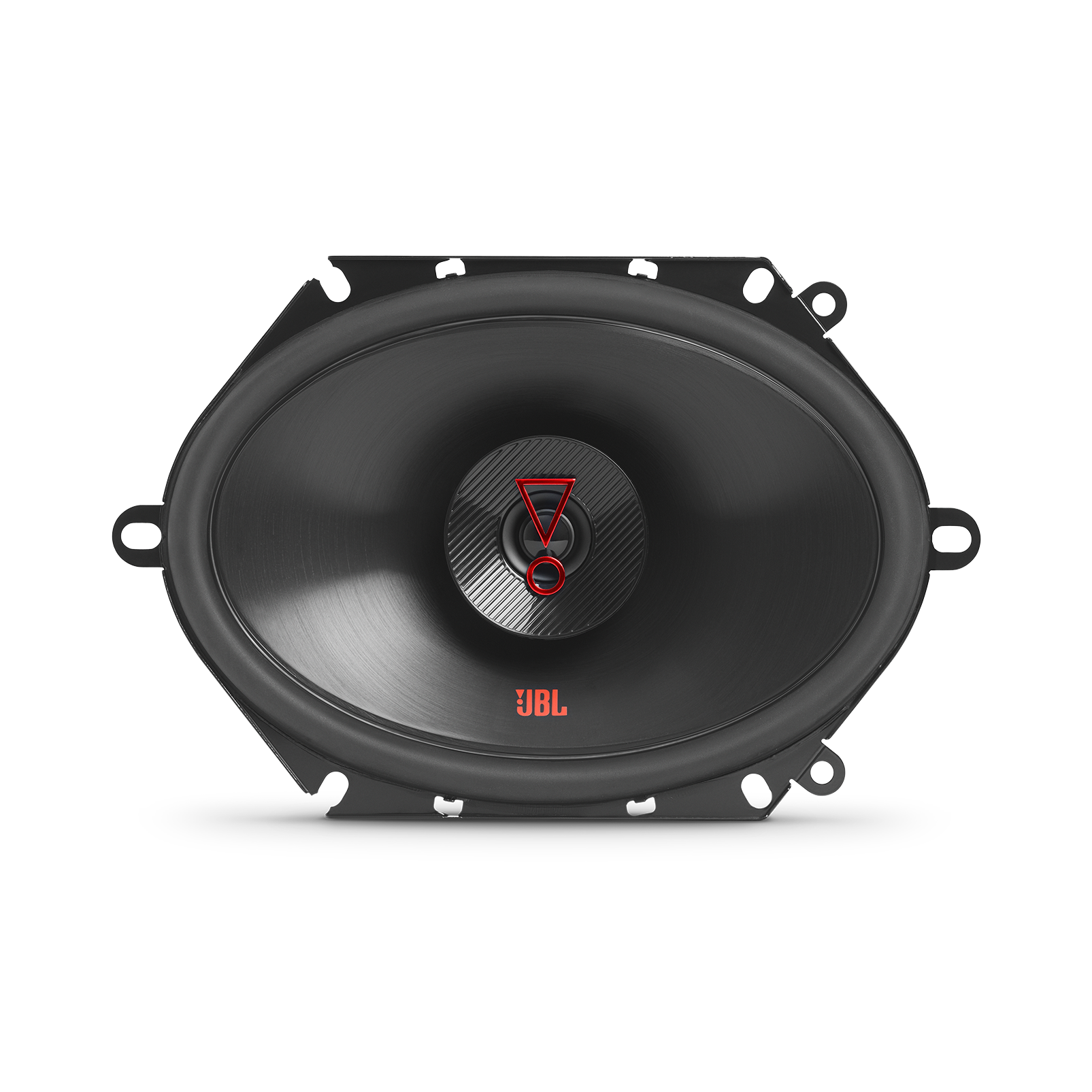Un altoparlante ovale nero con logo JBL rosso e simbolo triangolare rosso.