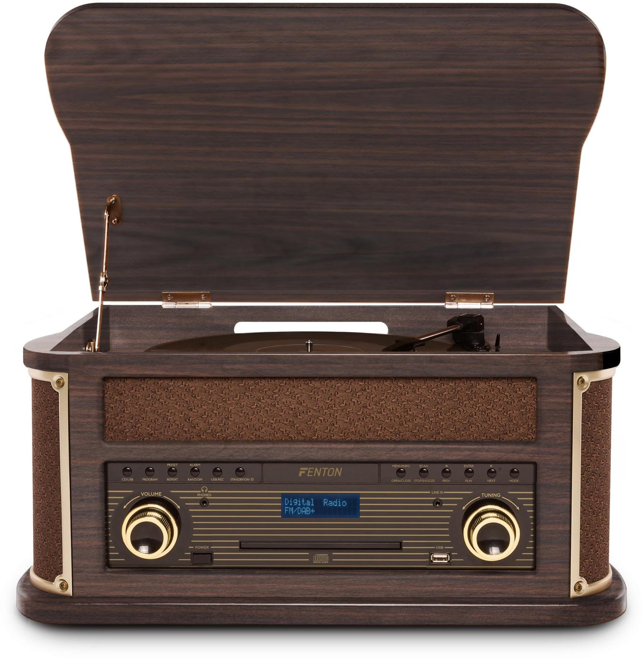 Un tocadiscos de madera con reproductor de CD y pantalla de radio digital.