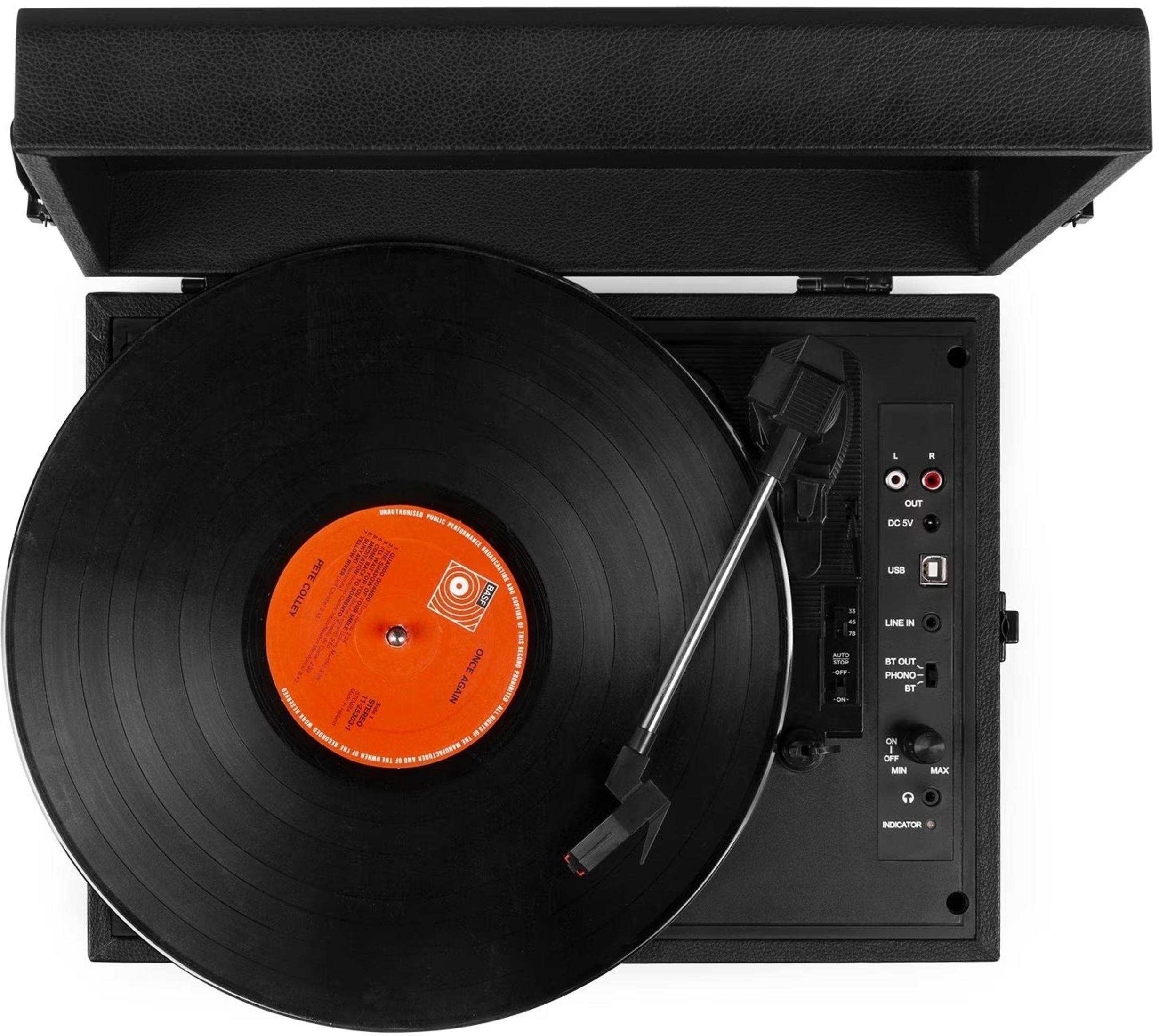 Tocadiscos negro con disco de vinilo y brazo de tono encima.