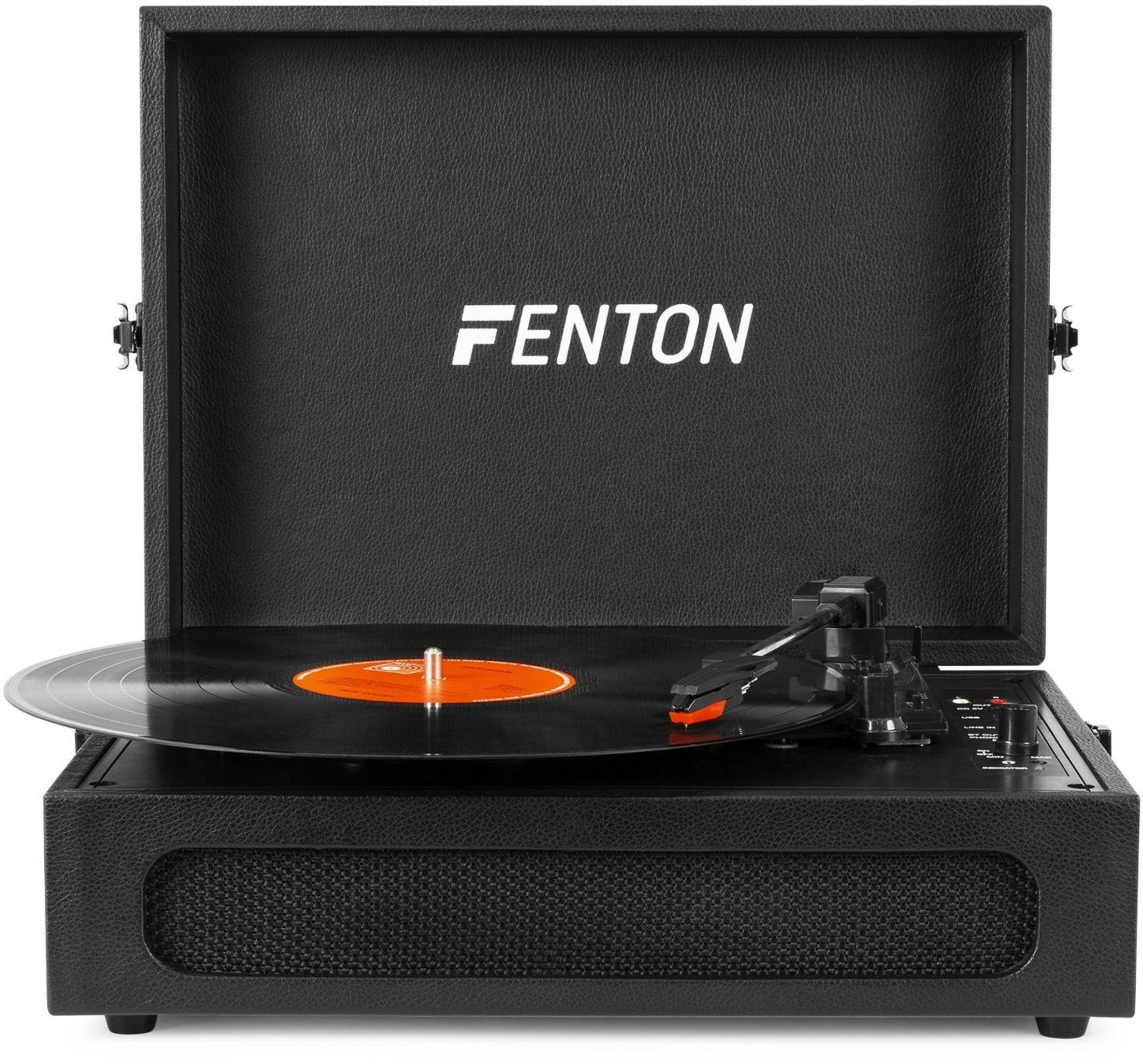 Tocadiscos negro con vinilo y logo "FENTON".
