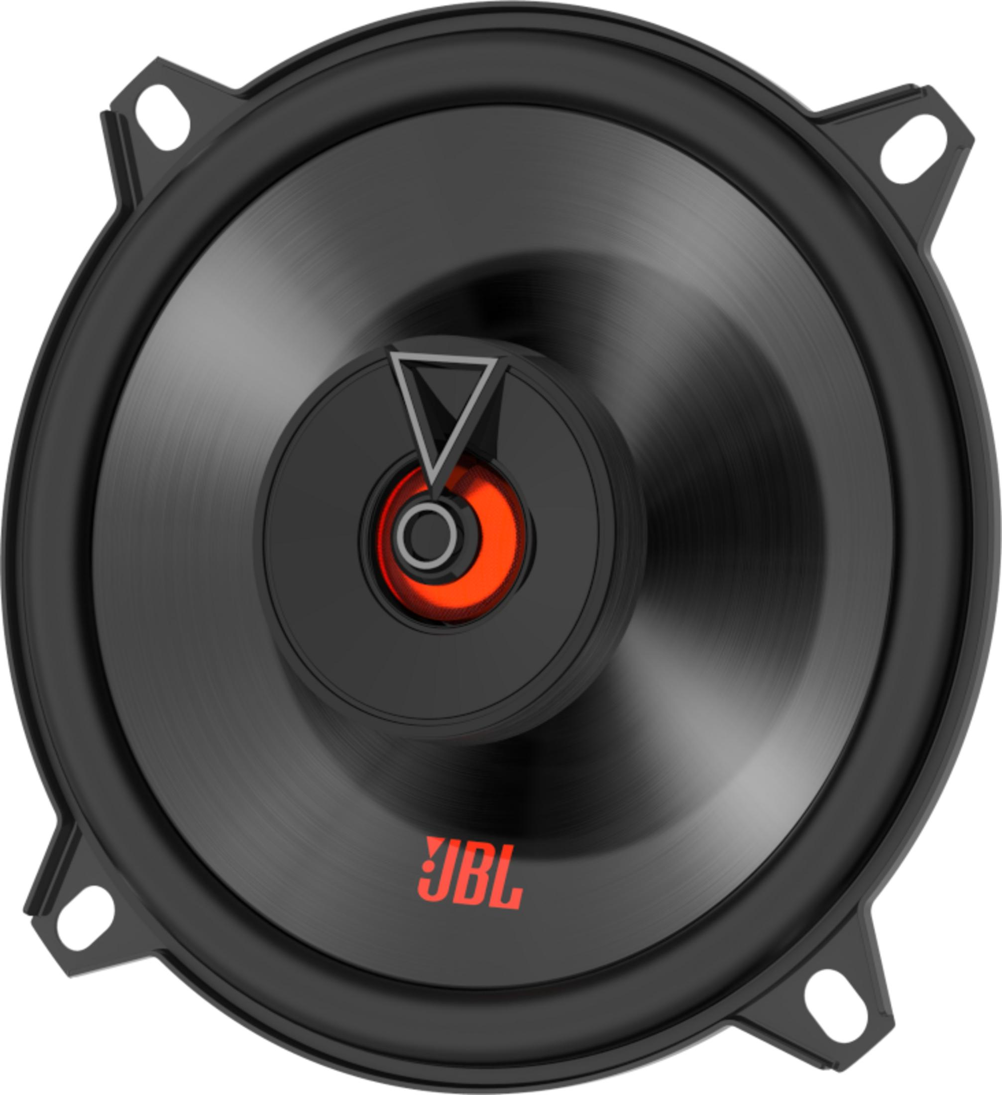Schwarzer JBL-Lautsprecher mit rotem Akzent und Metallscheibe.