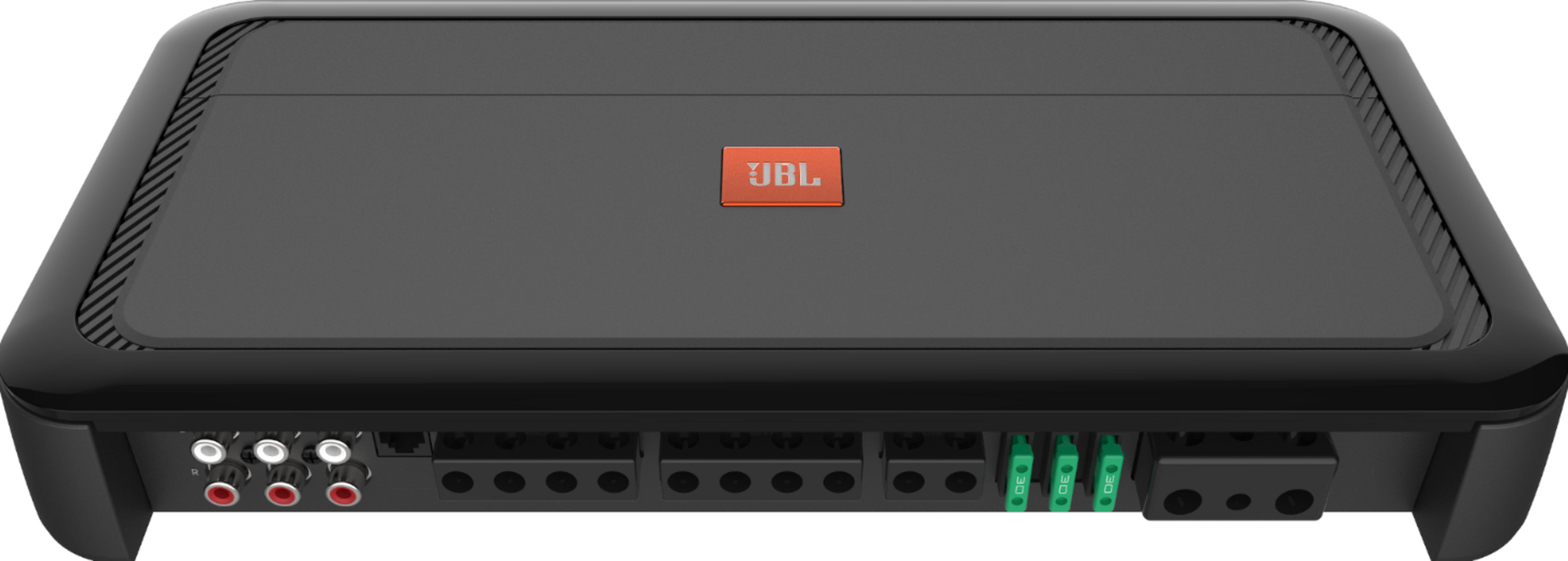 Schwarzer Verstärker mit JBL-Logo und Anschlüssen.