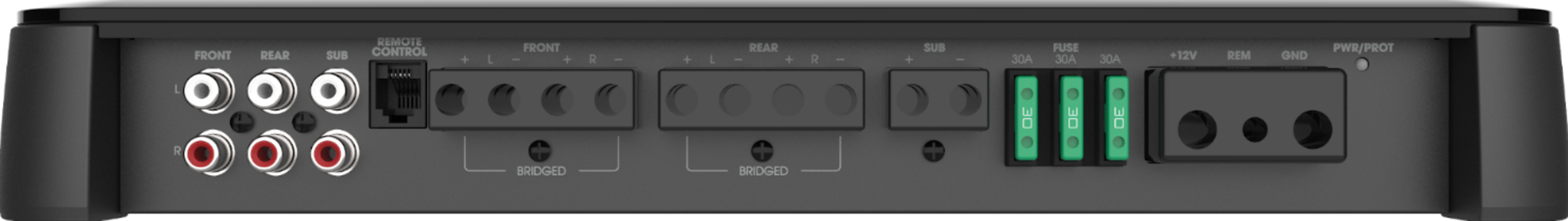 Rückseite eines schwarzen Verstärkers mit Anschlüssen: Front, Rear, Sub, Remote, Sicherungen, +12V, Rem, Gnd.