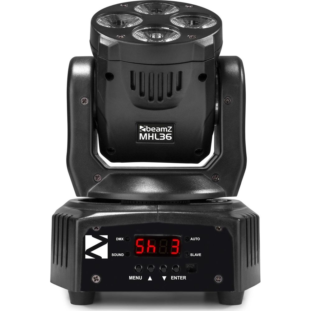 Foco negro con cuatro LEDs y pantalla digital en la base.