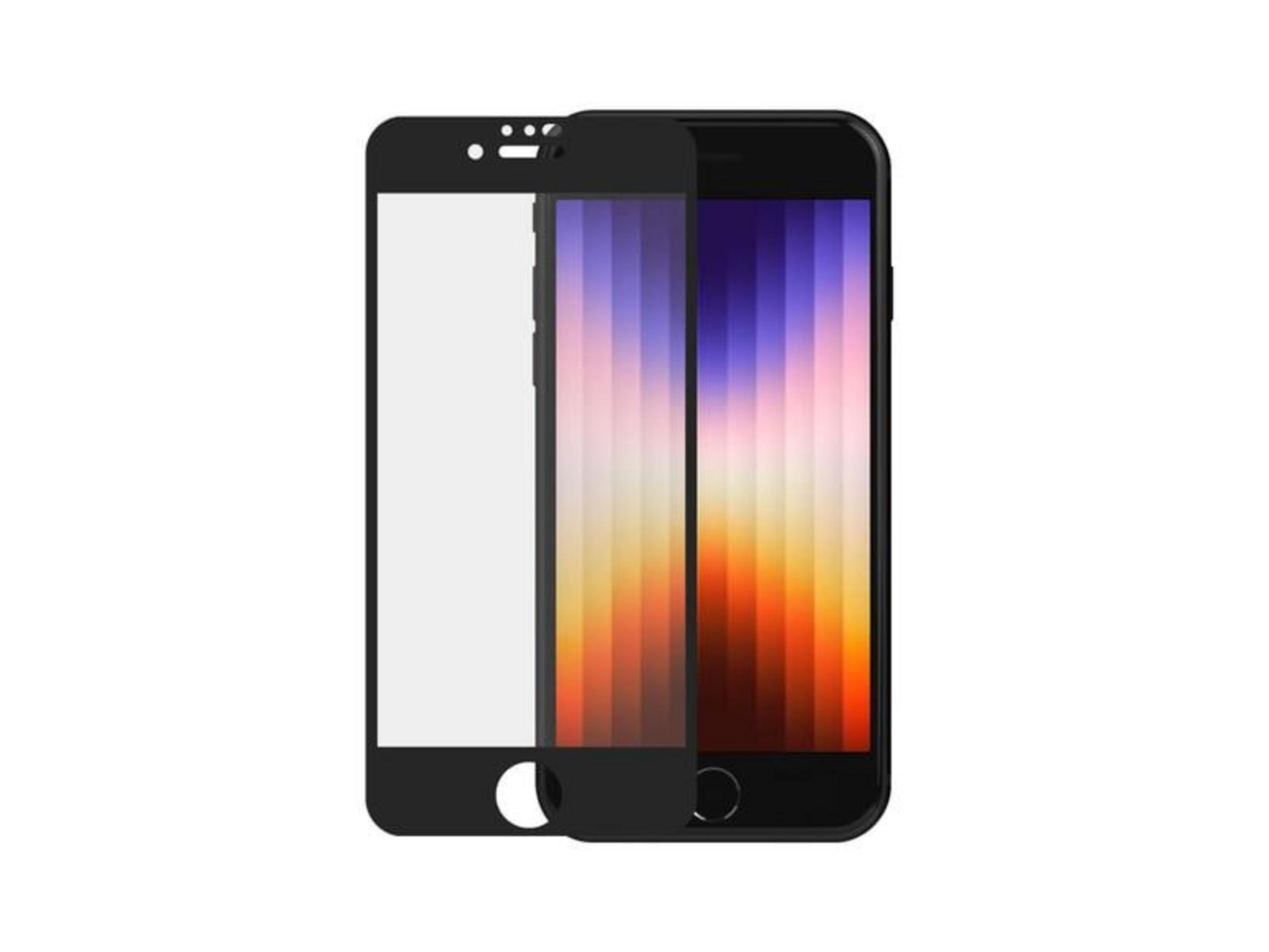 Uno smartphone nero con protezione schermo e strisce colorate sul display.