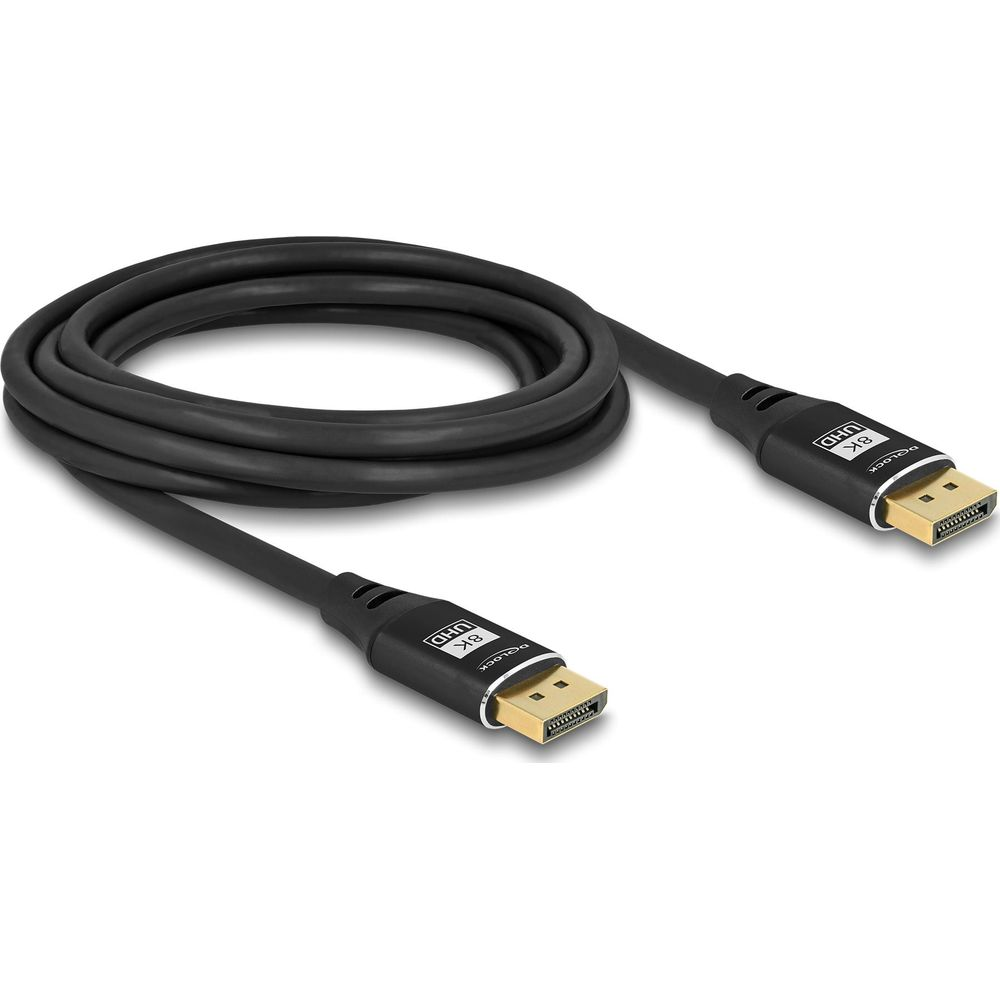 Schwarzes 8K UHD DisplayPort-Kabel mit goldenen Anschlüssen, auf weißem Grund.
