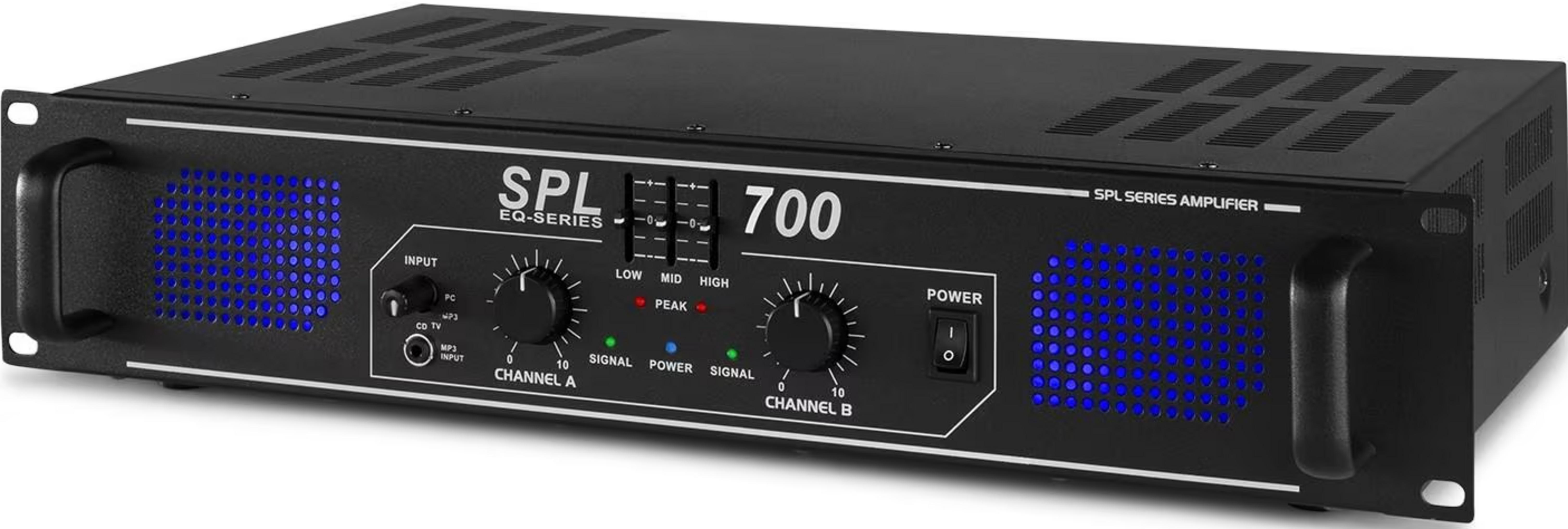Schwarzer SPL Series 700 Verstärker mit blauen LED-Lichtern, Knöpfen und Netzschalter.