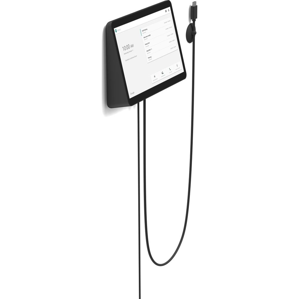 Pantalla negra montada en pared con calendario, conectada por cable negro.
