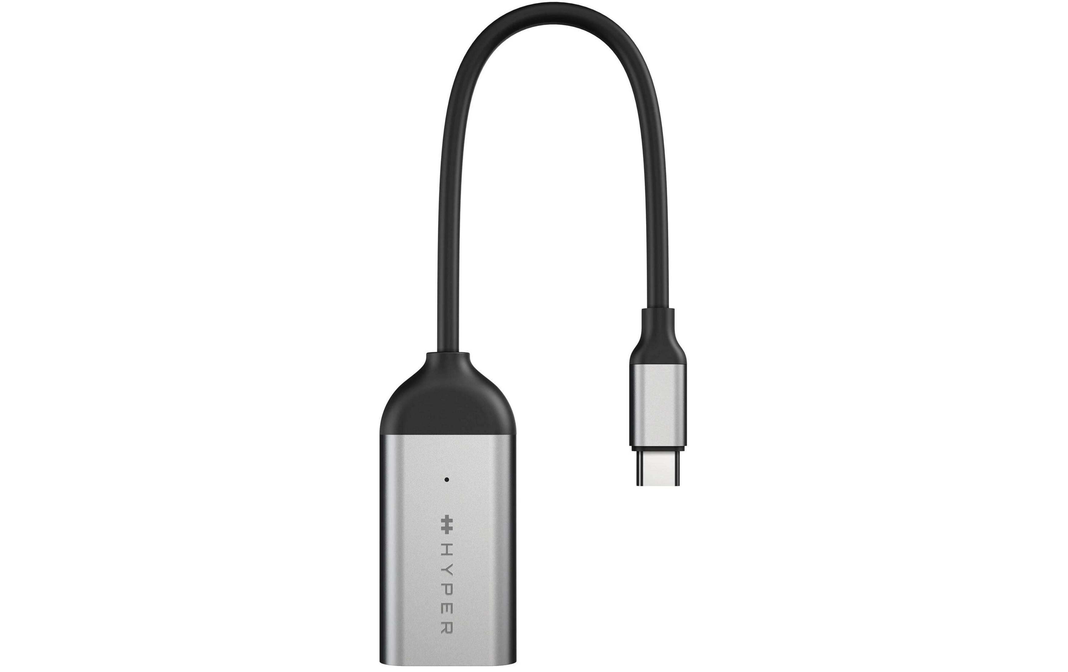 Srebrny adapter USB-C z czarnym kablem i złączem.
