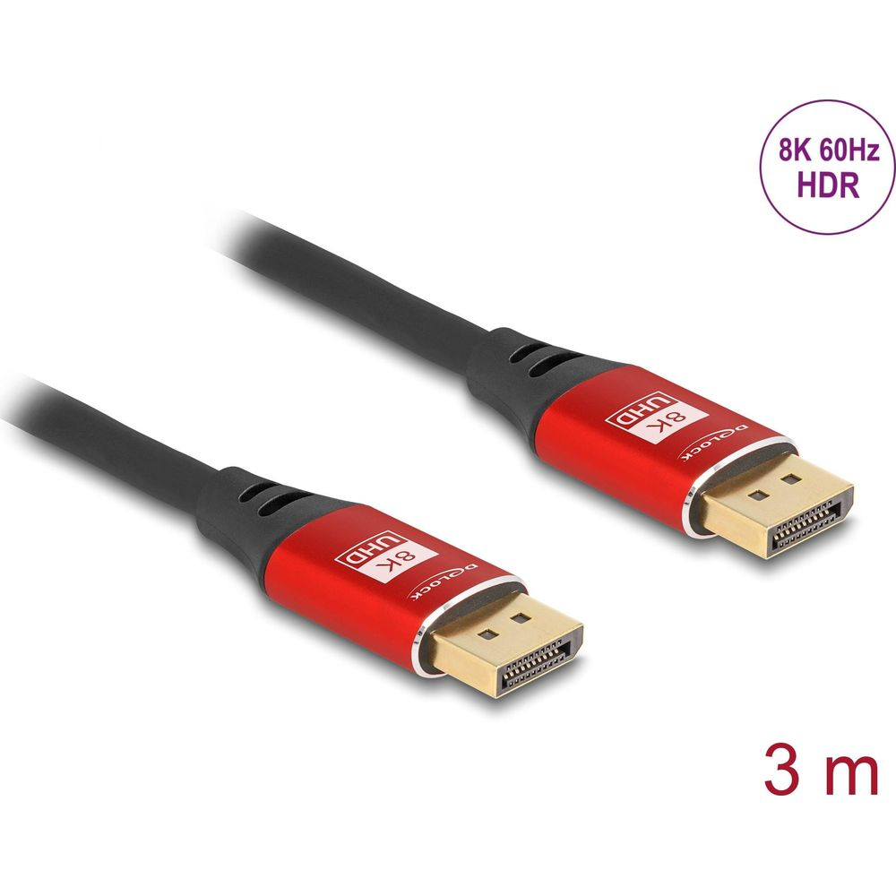 Ein schwarzes Kabel mit roten Anschlüssen, 8K UHD, 60Hz, HDR, 3m lang.