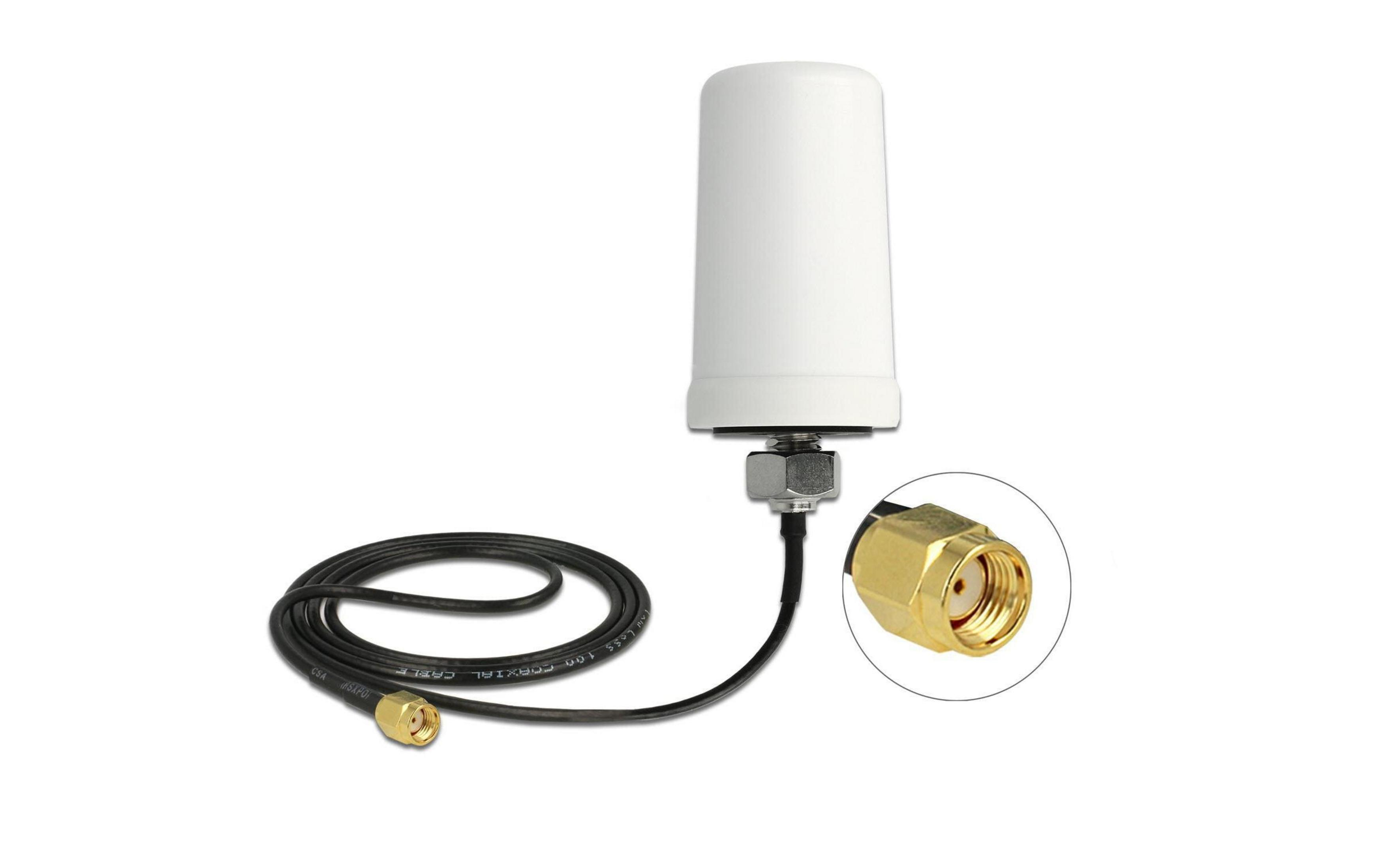 Un'antenna bianca con cavo nero e connettore dorato.