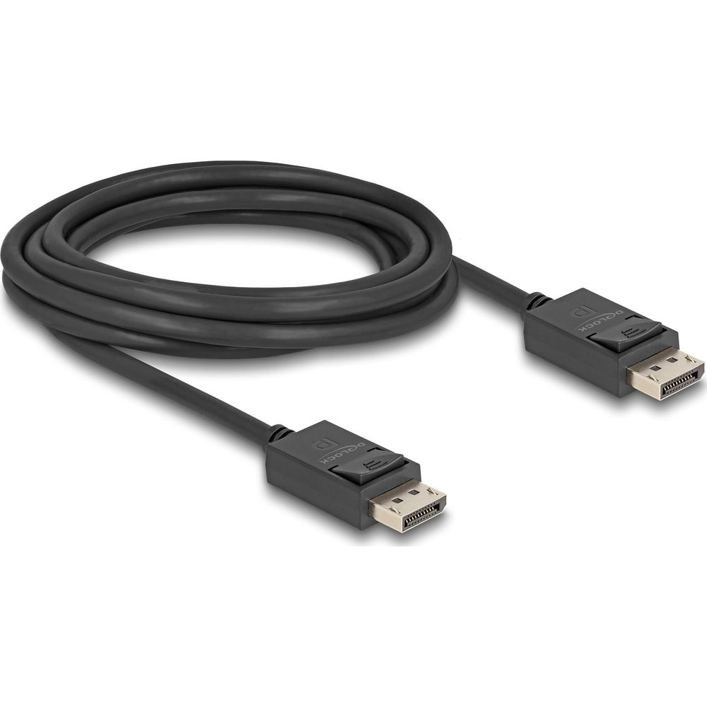Ein schwarzes DisplayPort-Kabel mit zwei Anschlüssen auf weißem Hintergrund.