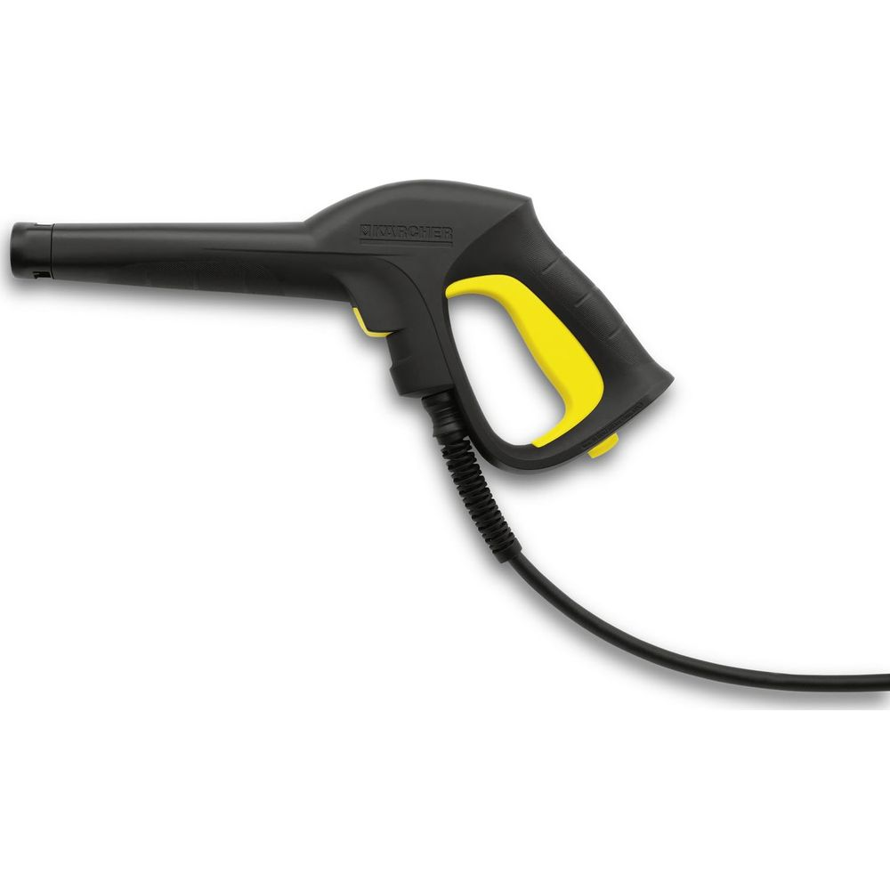 Czarny pistolet do myjki ciśnieniowej z żółtymi akcentami i wężem.