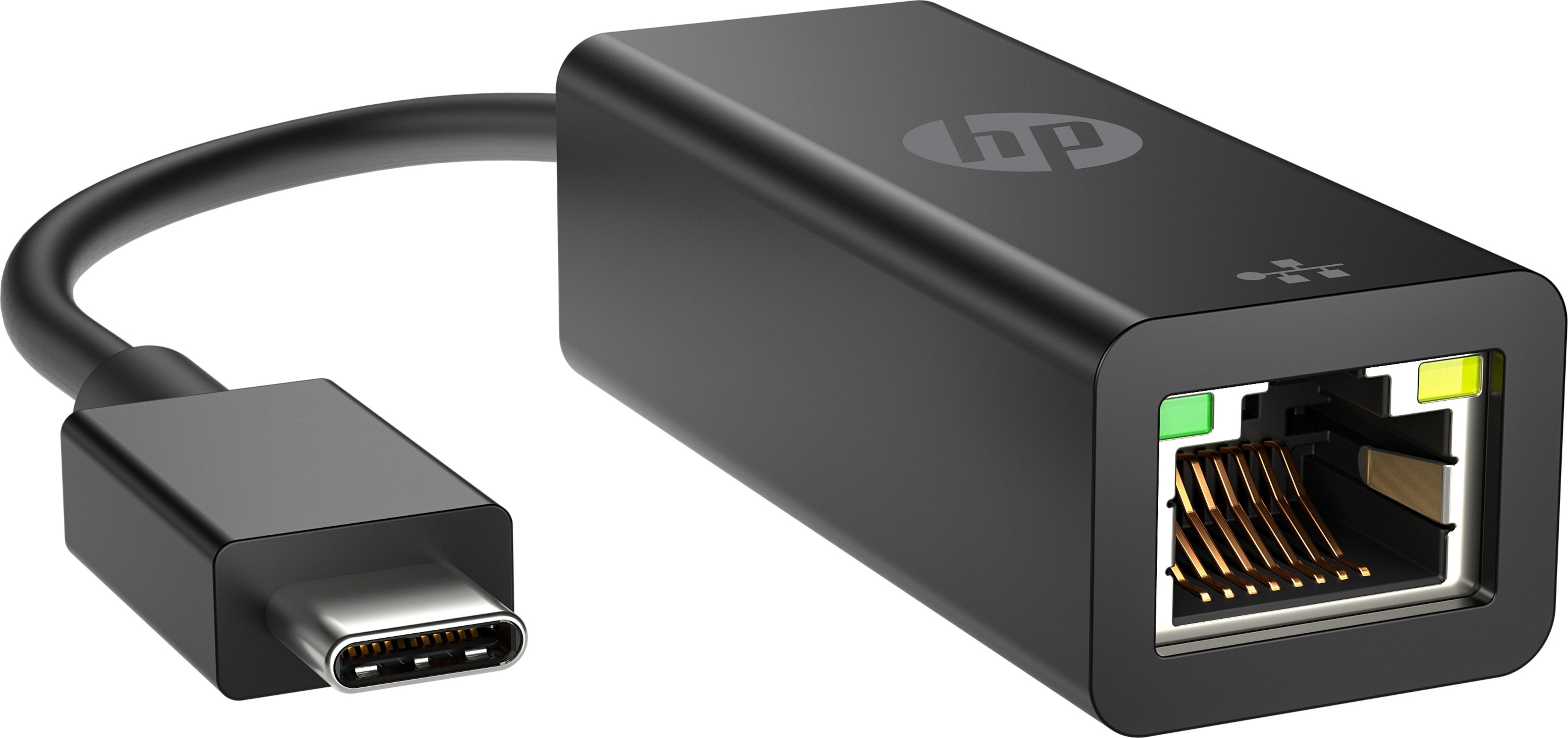 Adaptador HP USB-C a Ethernet negro con cable y conector.