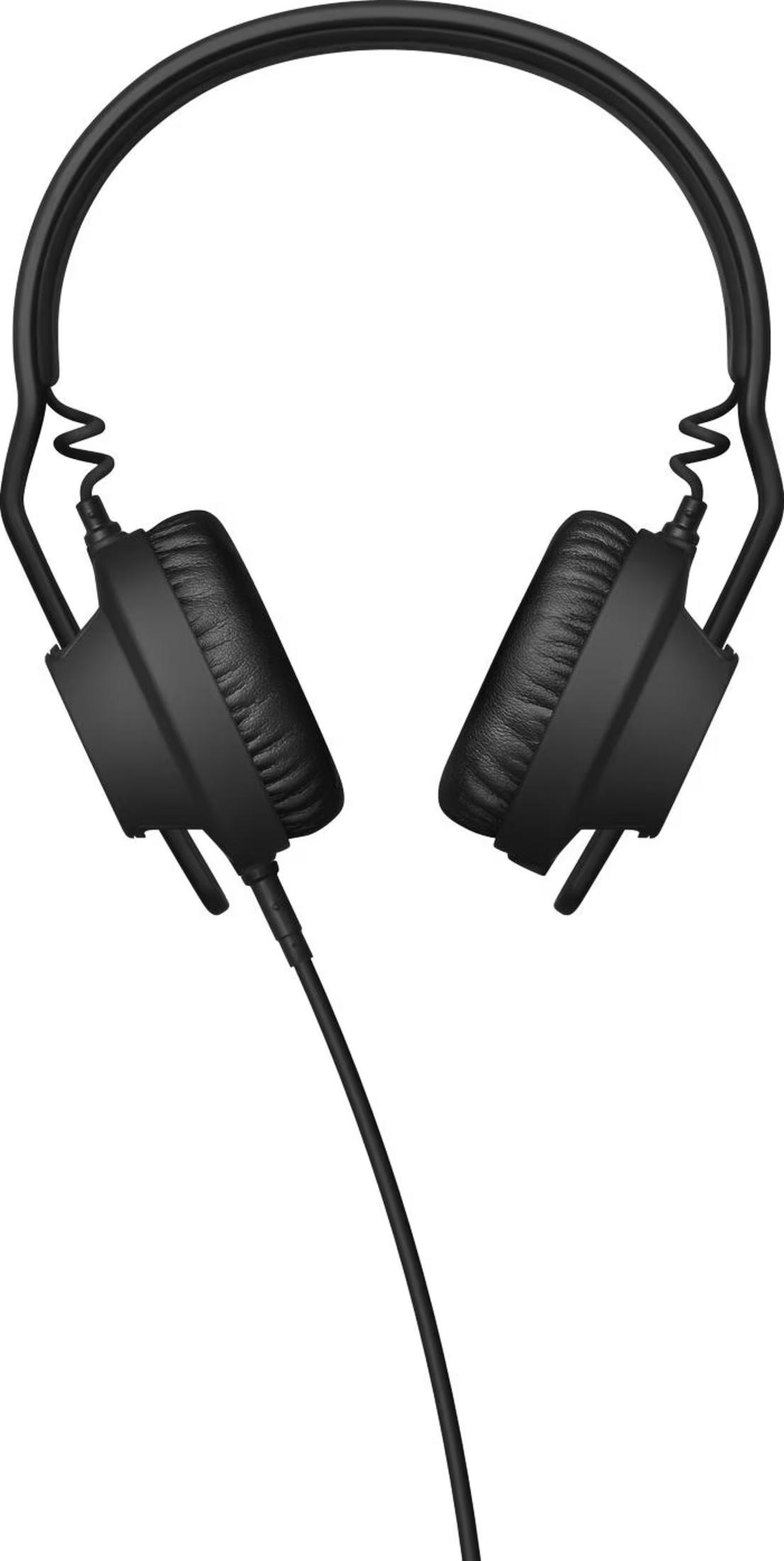 Casque noir avec écouteurs rembourrés et câble en spirale.