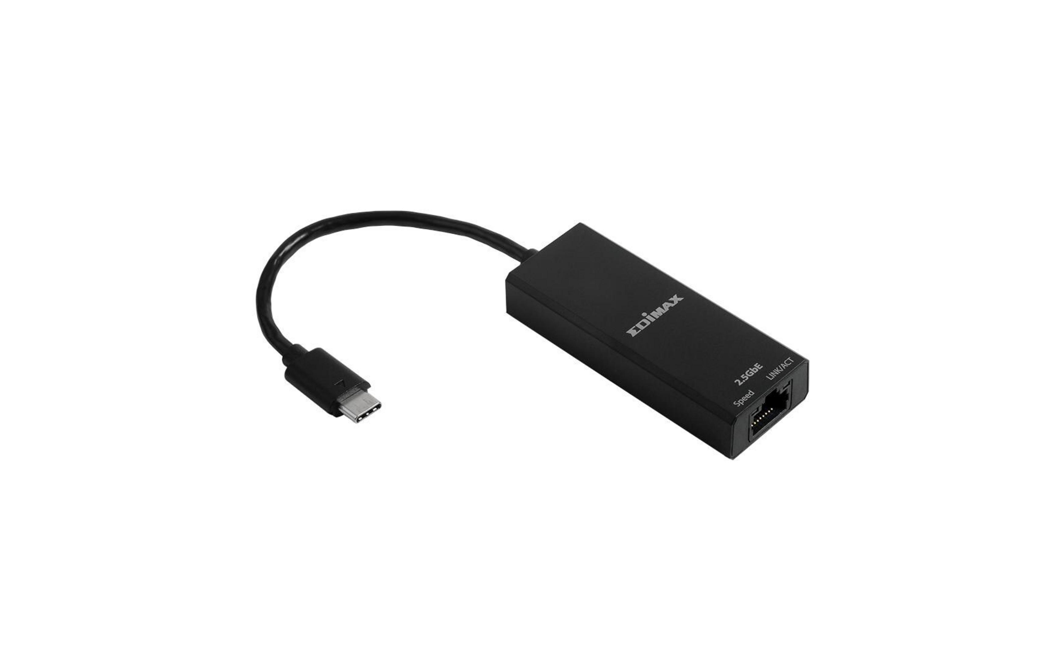 Czarny adapter LAN Edimax USB-C do 2.5GbE z kablem i złączem.